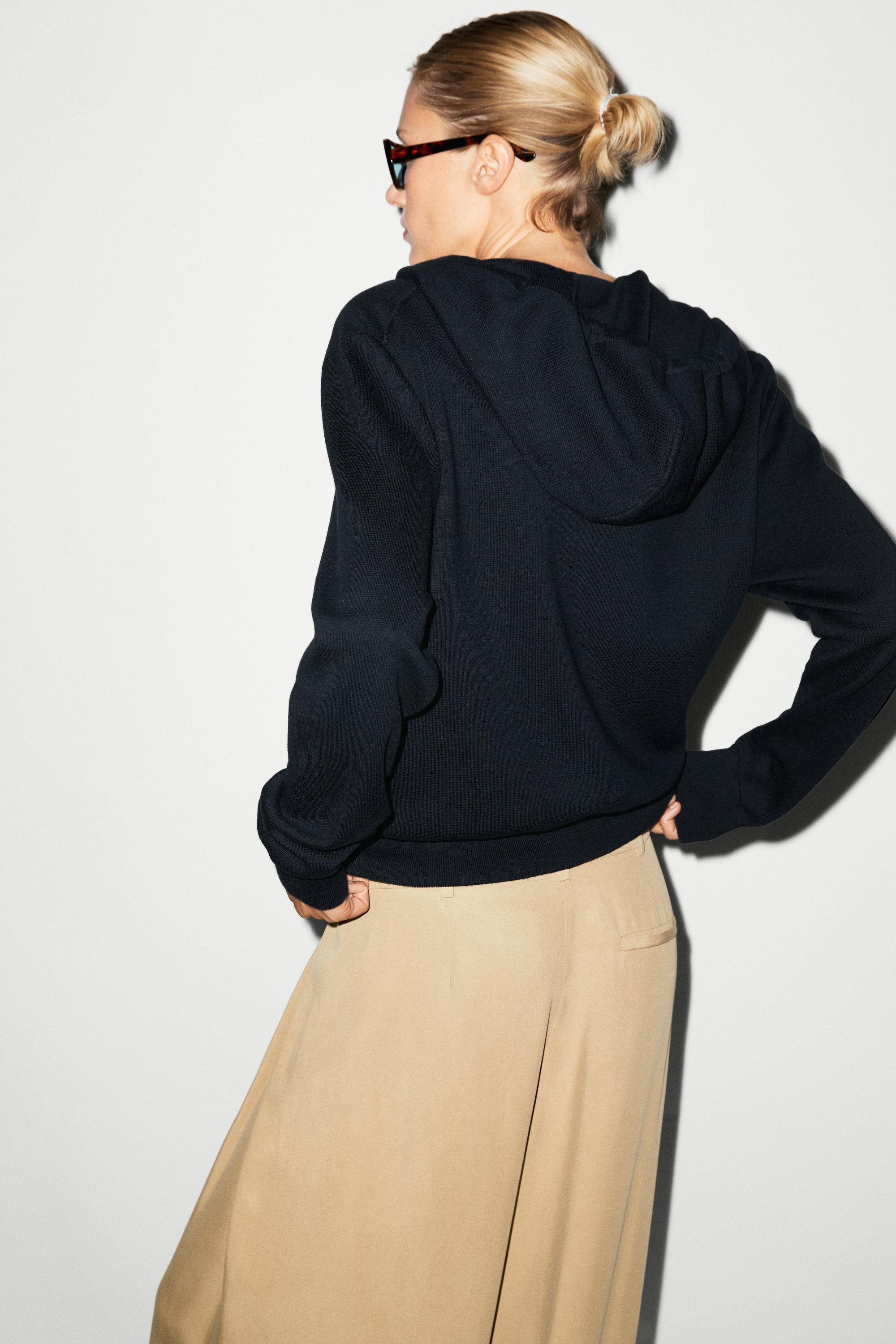 Cotton blend knit hooded cardigan — NAVY BLUE