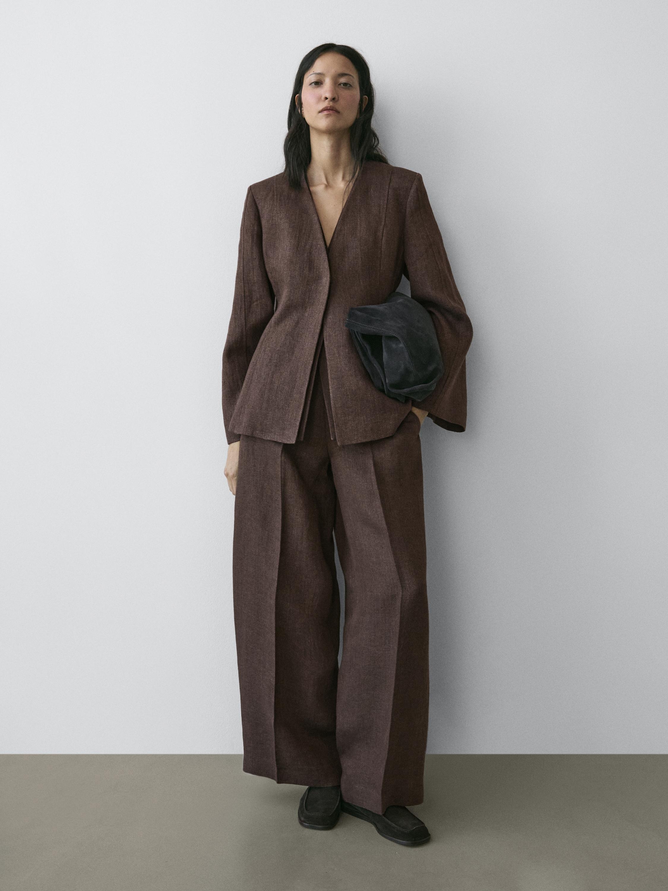 100% linen lapelless blazer — BROWN