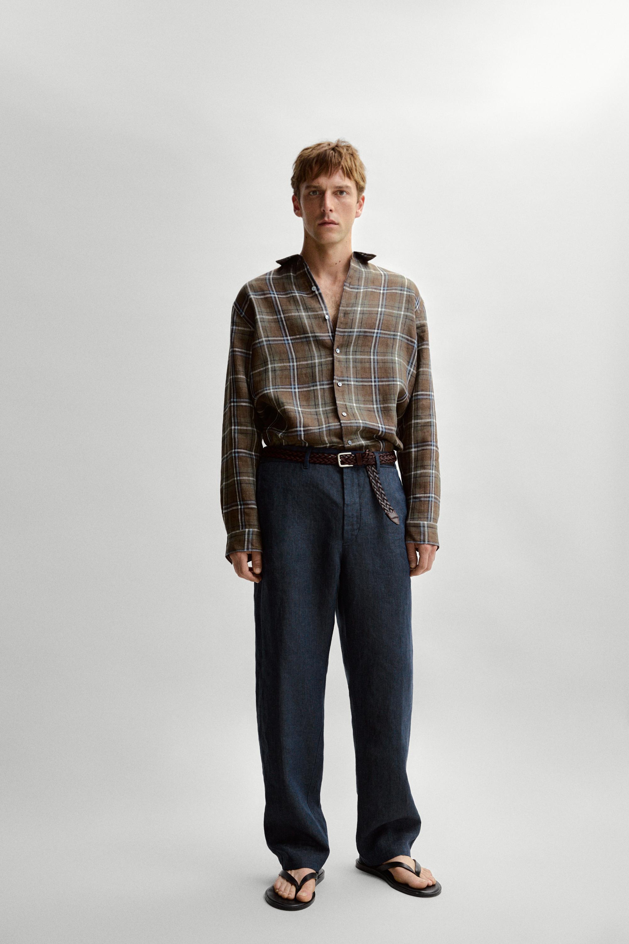 100% linen regular fit check shirt — GREEN