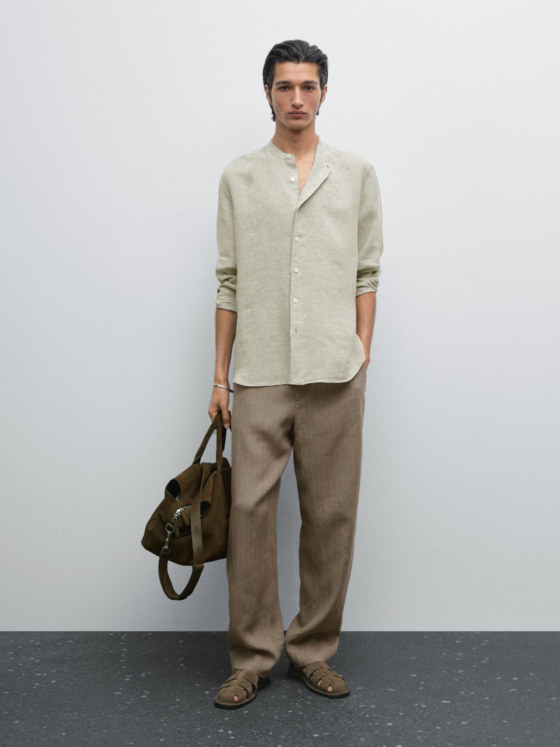 Koszula W Paski Ze 100% Lnu Ze Stójką - Zielony - Xl - Massimo Dutti - Mężczyzna