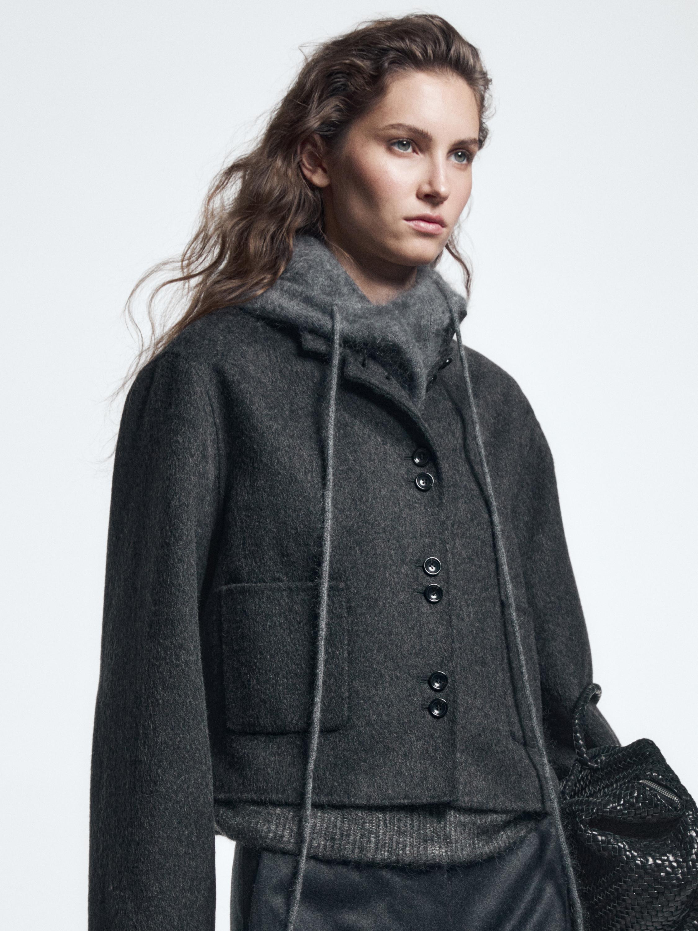 Short double-breasted wool blend jacket