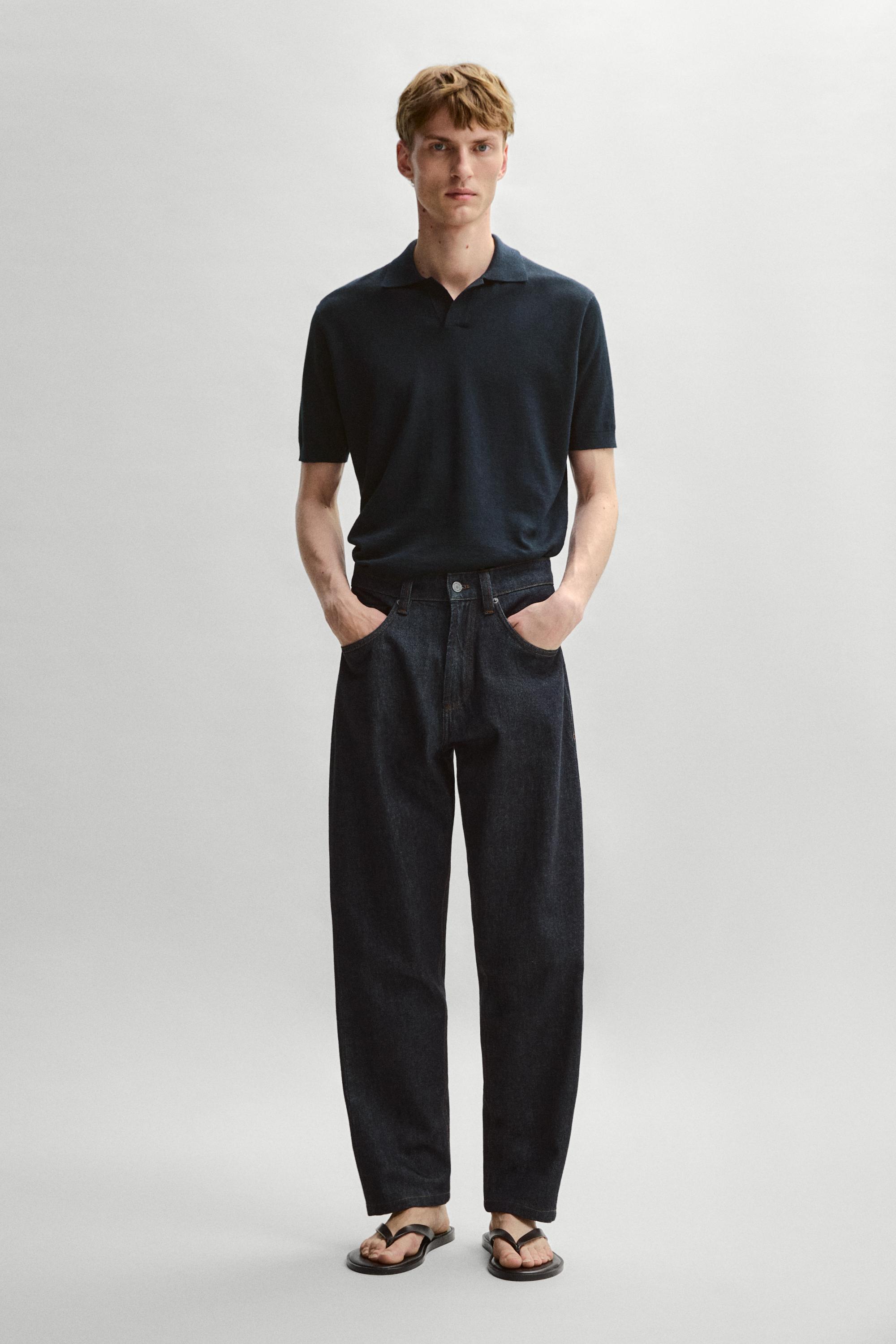Cotton and linen knit polo sweater — NAVY BLUE