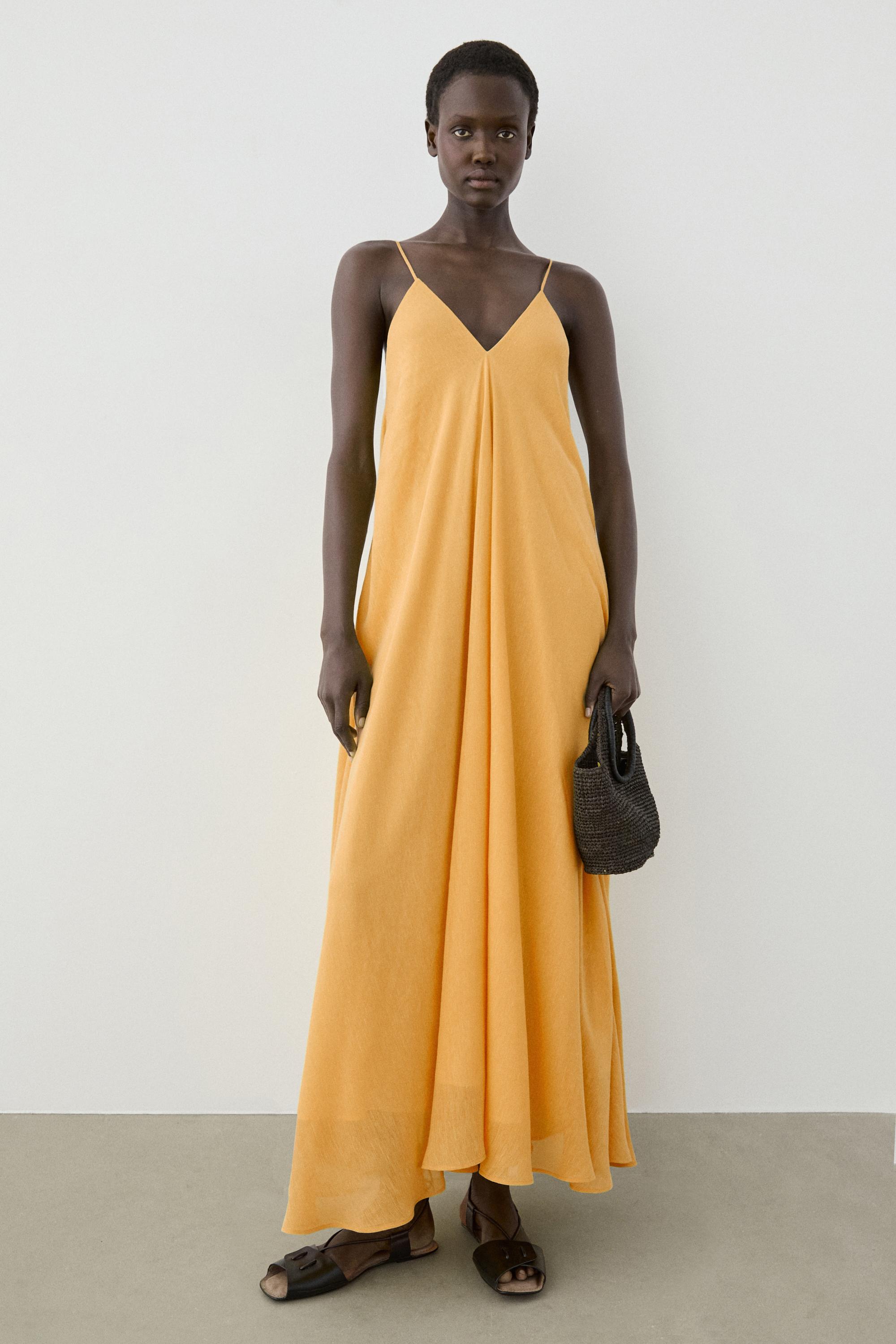Linen blend flowing V-neck dress — YELLOW