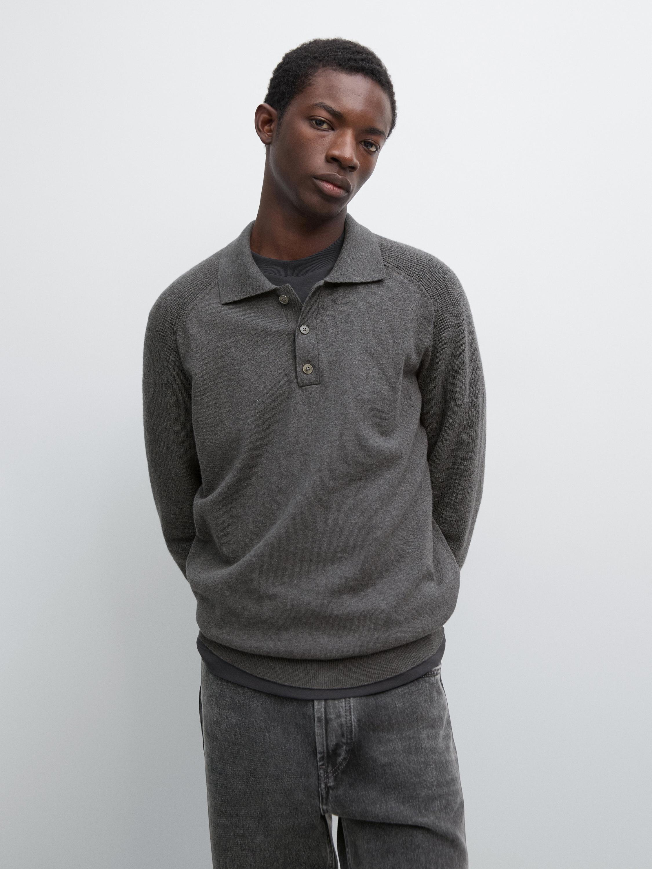 Cotton blend knit polo sweater — MEDIUM GREY