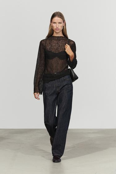 Semi-sheer lace detail T-shirt — BLACK 1