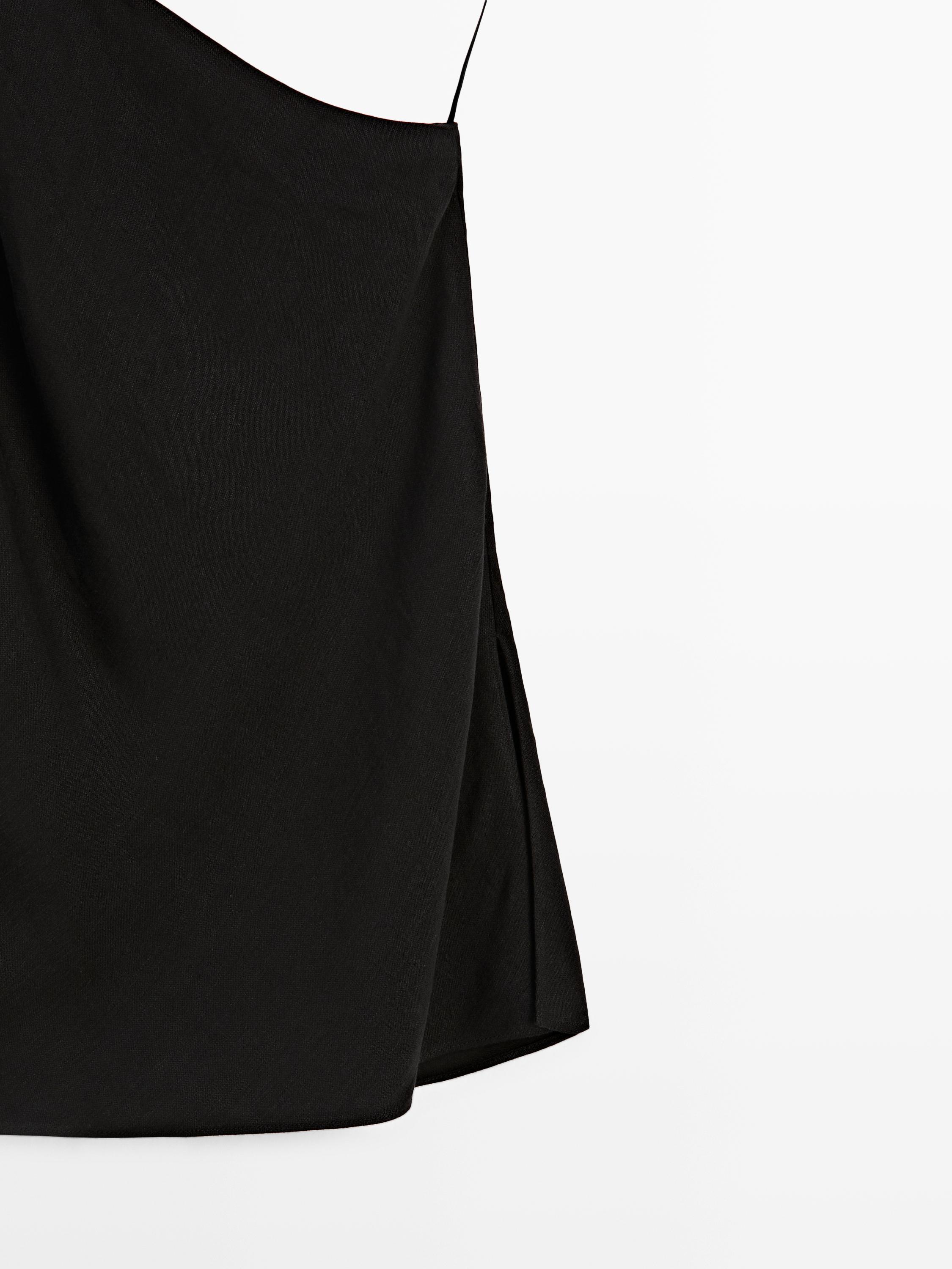 Asymmetric linen blend top with back detail — BLACK