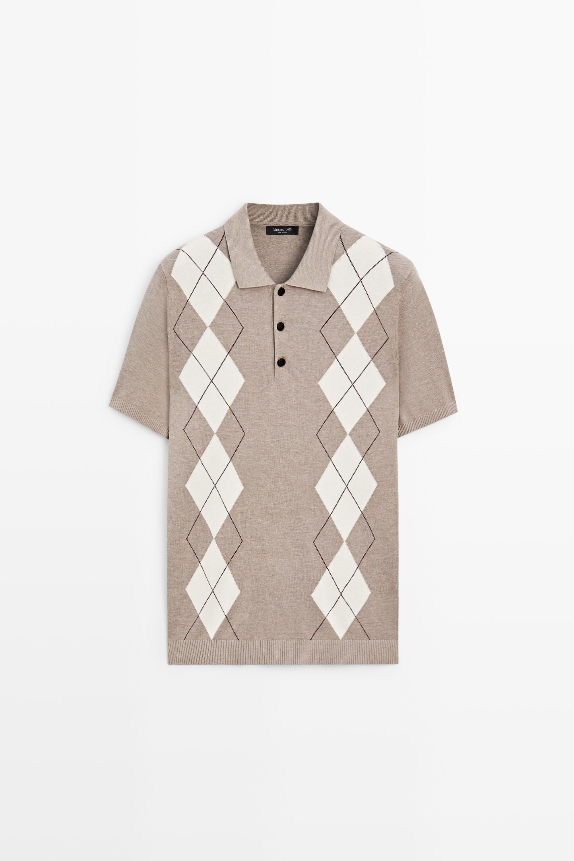 Cotton blend diamond pattern short sleeve polo shirt — BEIGE MARL