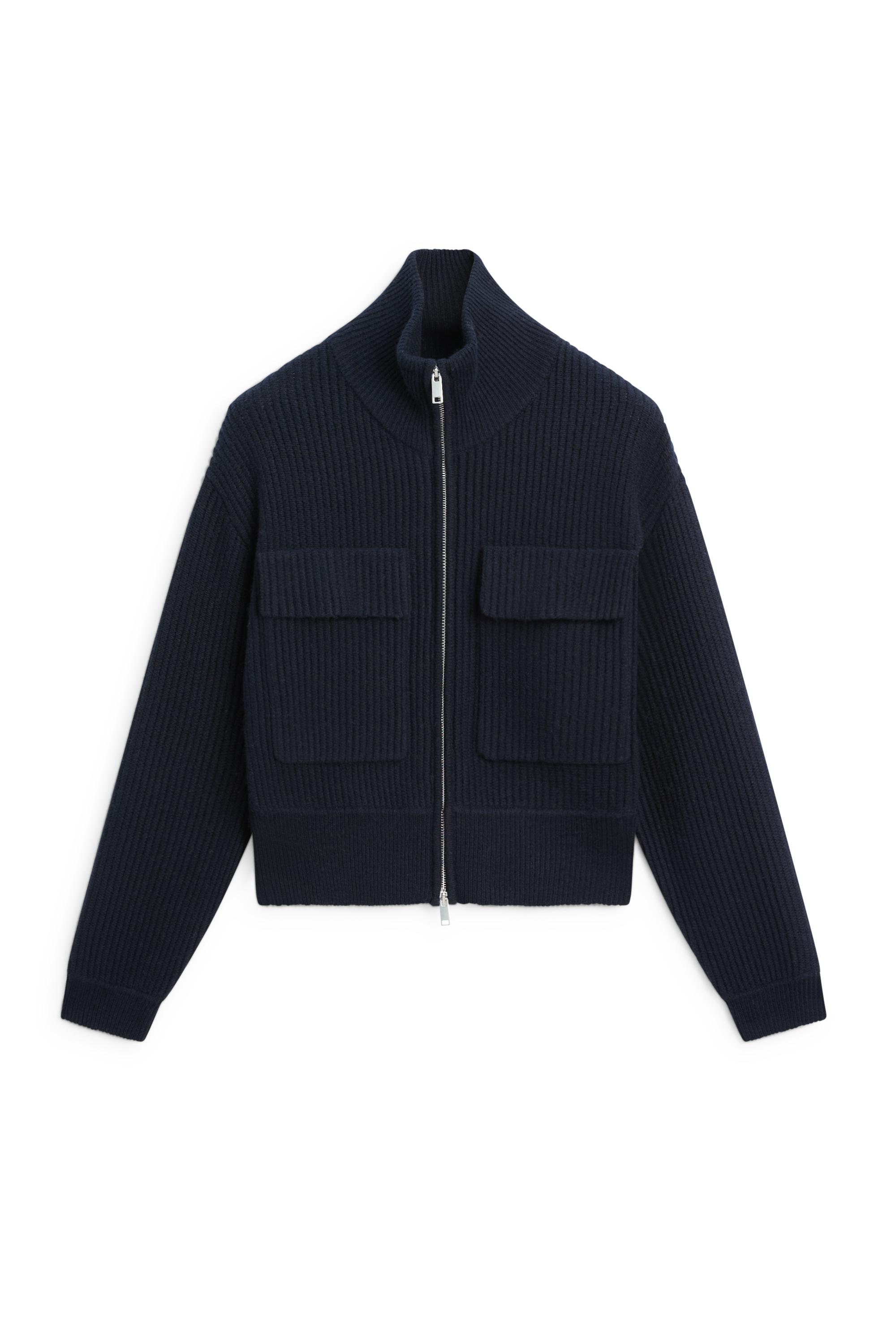 Zip-up knit cardigan with cotton · Deep Blue, Camel · Cardigan