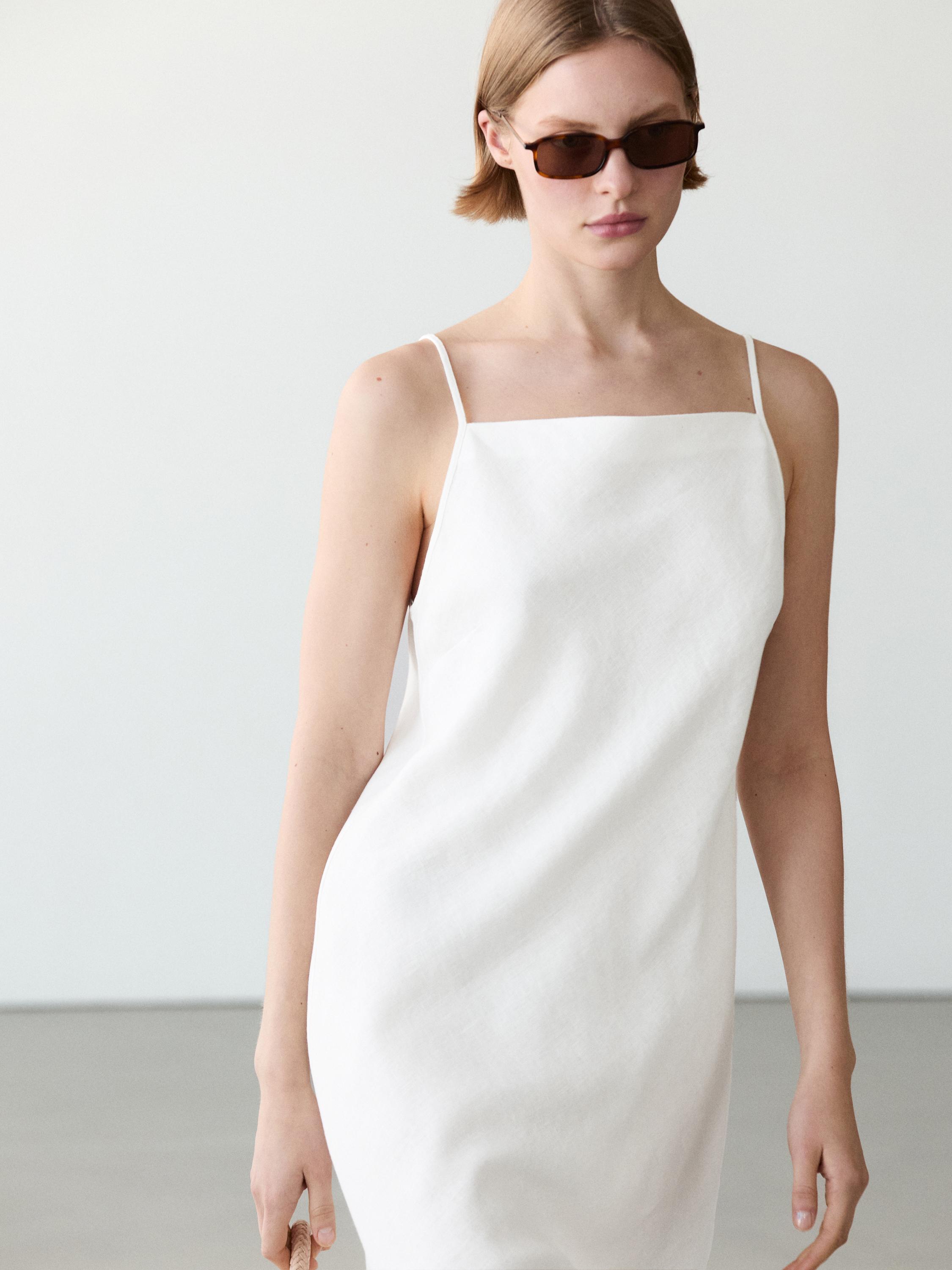 100% linen midi dress with straight neckline — WHITE