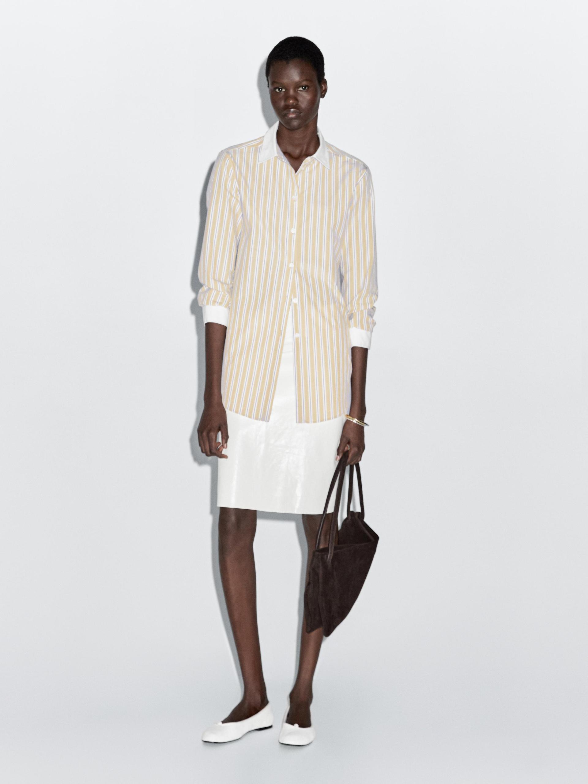 Koszula W Paski Z Kontrastowym Zdobieniem - Waniliowy - S - Massimo Dutti - Kobieta