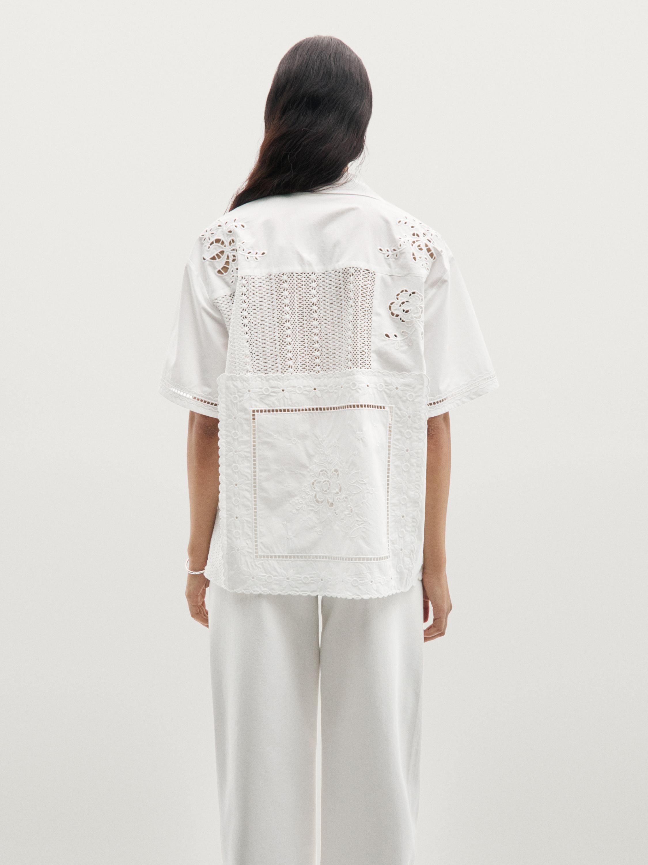 Embroidered short sleeve patchwork shirt · White · Shirts