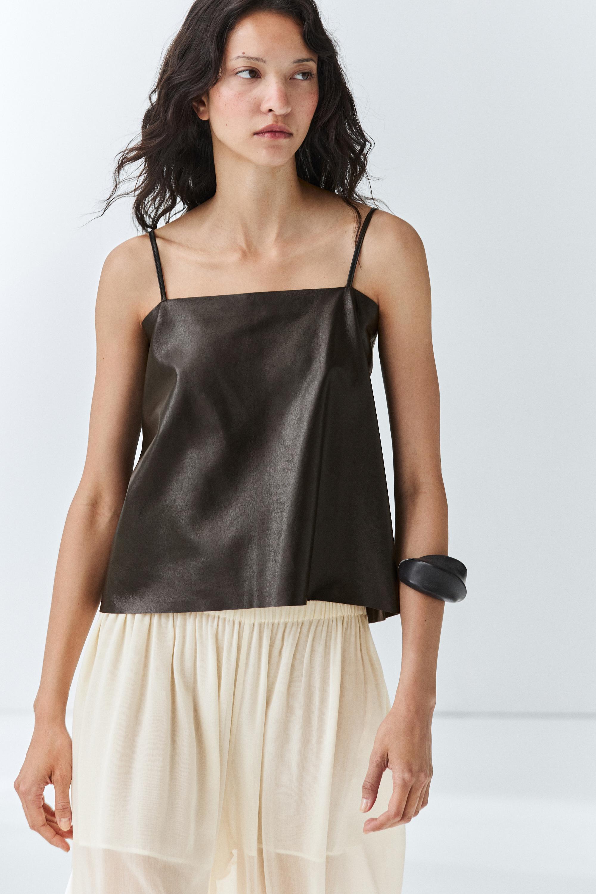 Nappa leather strappy top with back detail — BROWN