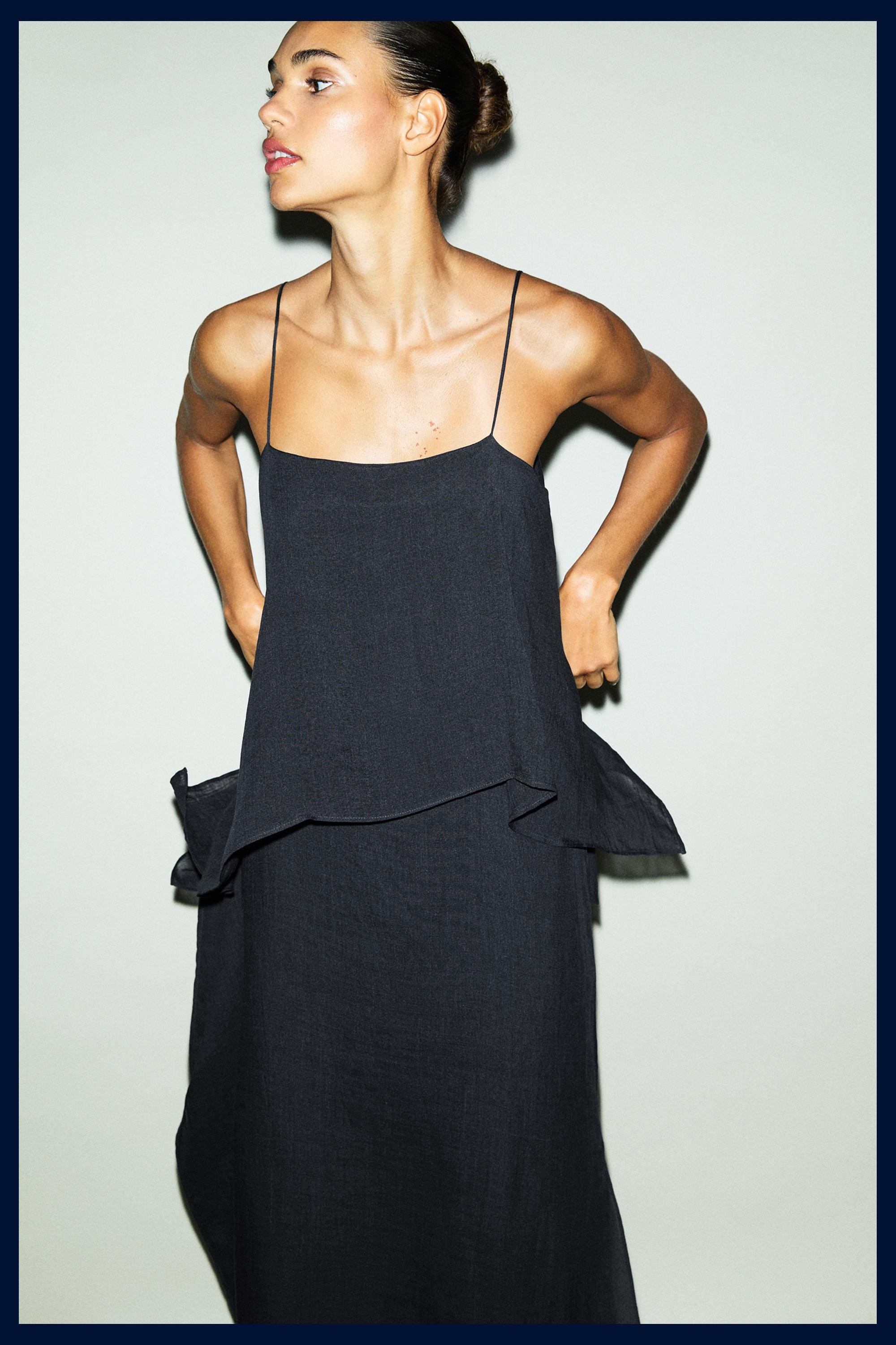 Midi dress with asymmetric ruffle detail — Dark Blue