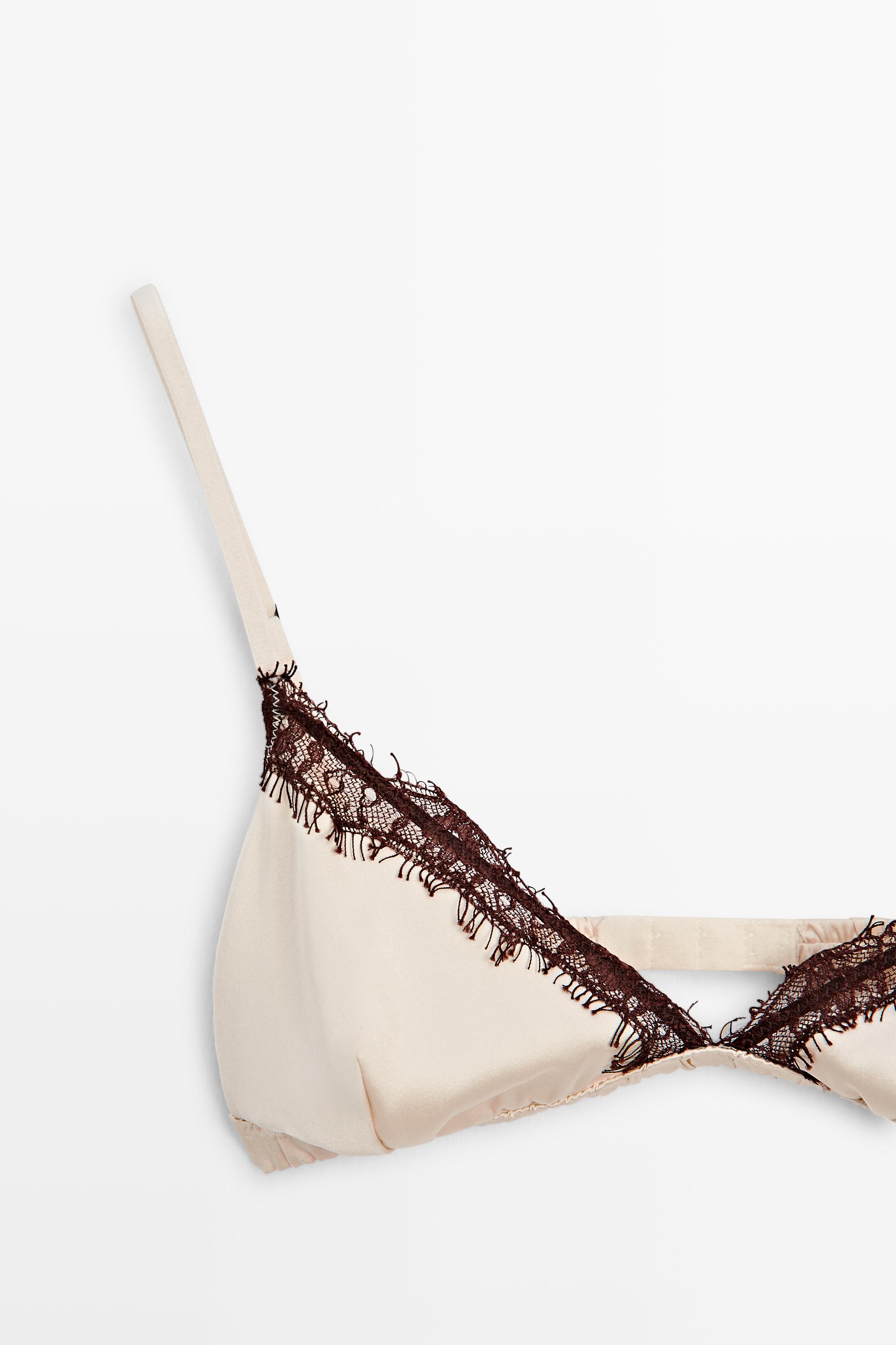Silk blend lace triangle bra — BROWN