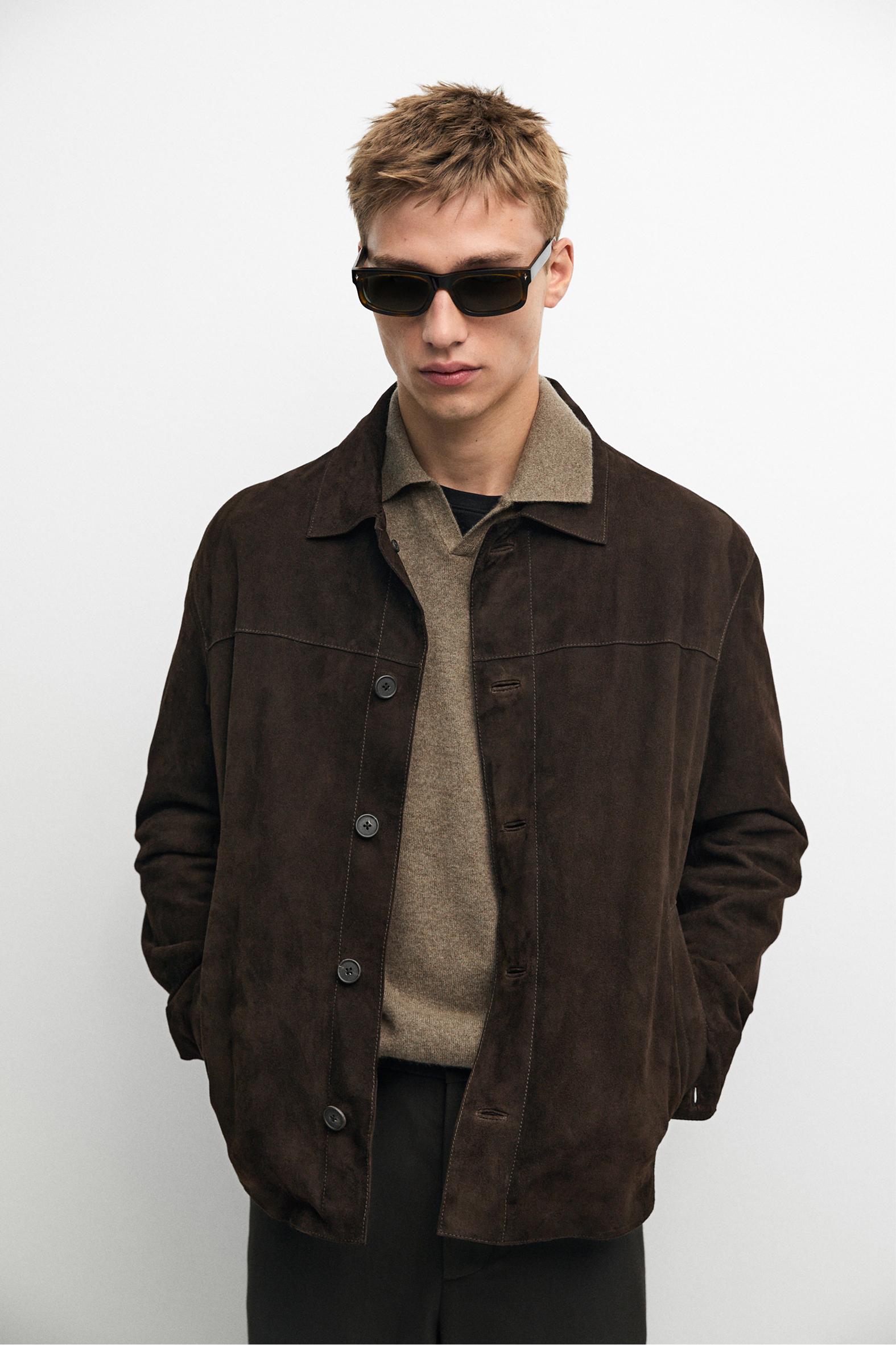 Suede leather pocket overshirt — Chocolate