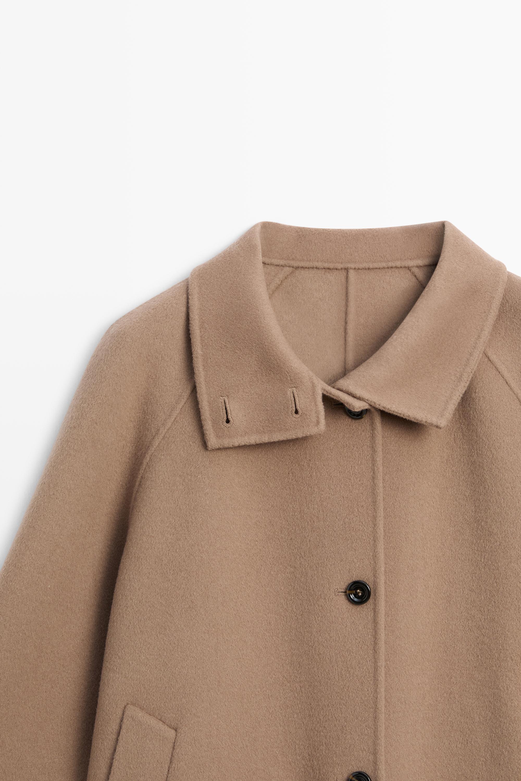 Short stand-up collar wool blend coat — Khaki