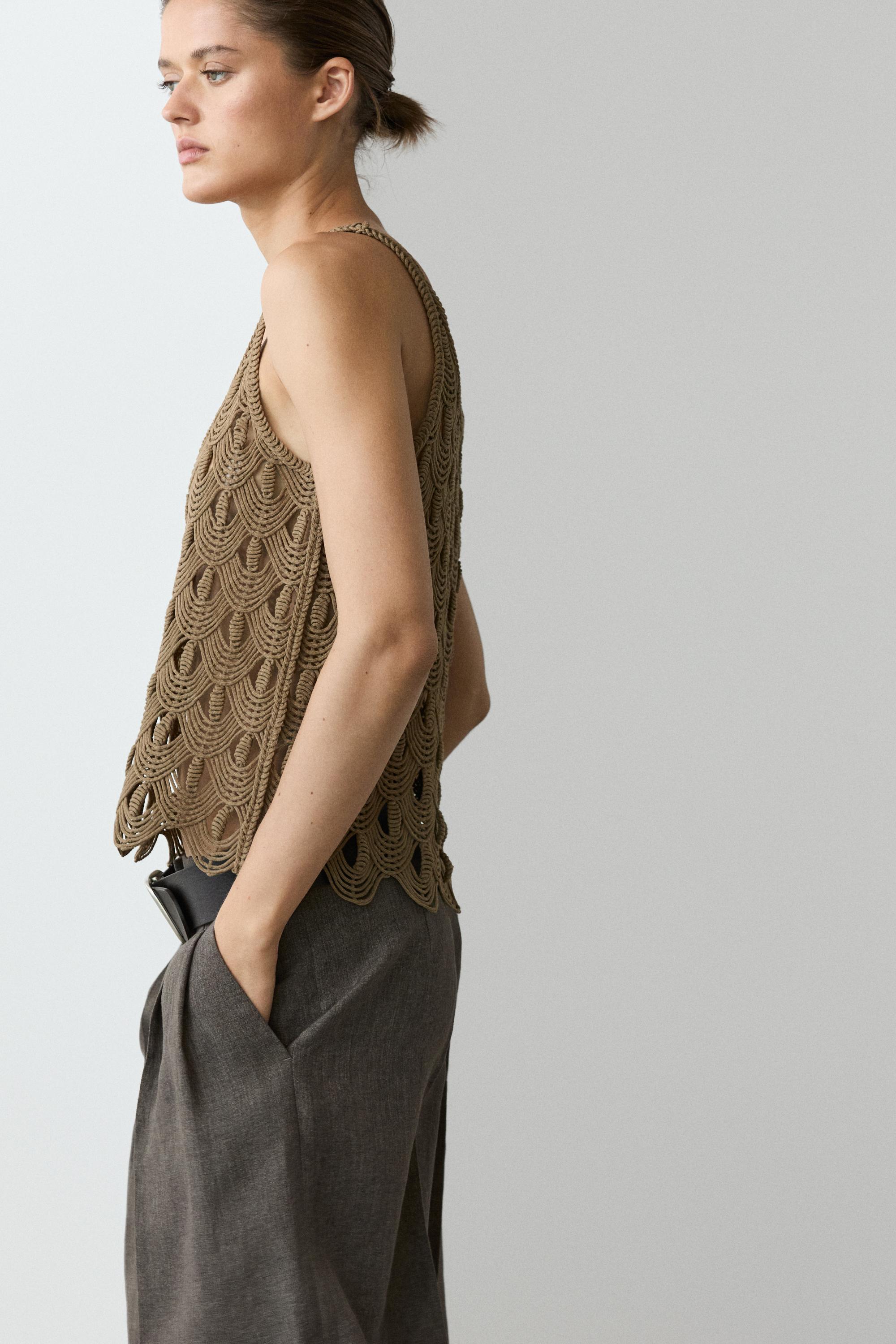 Strappy top with crochet detail — KHAKI