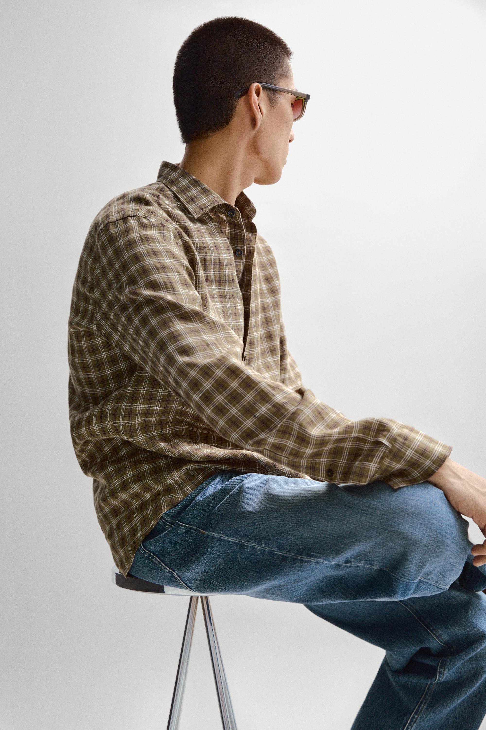 100% linen regular fit check shirt — BROWN MARL