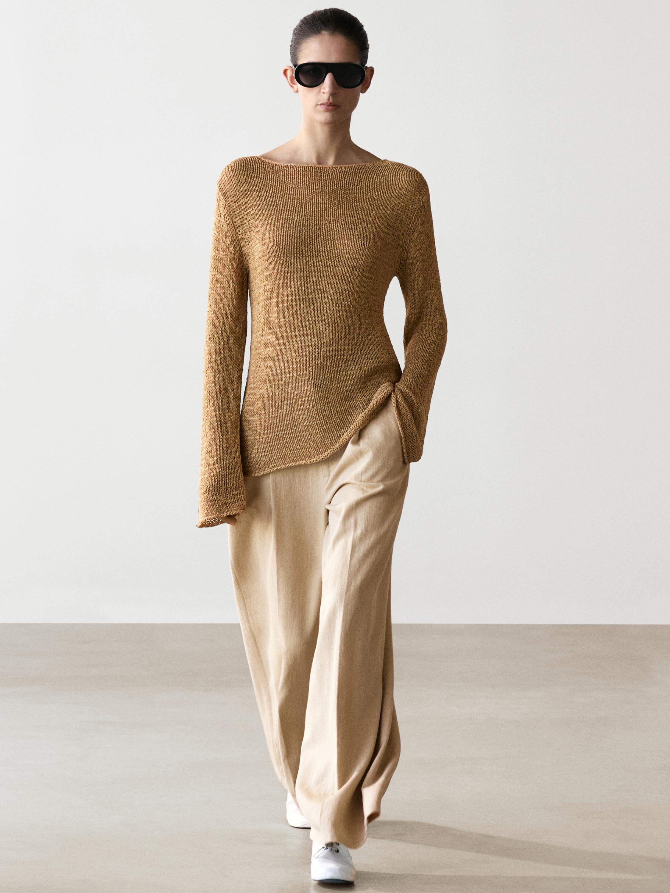 Cotton blend knit boat neck sweater — OCHRE