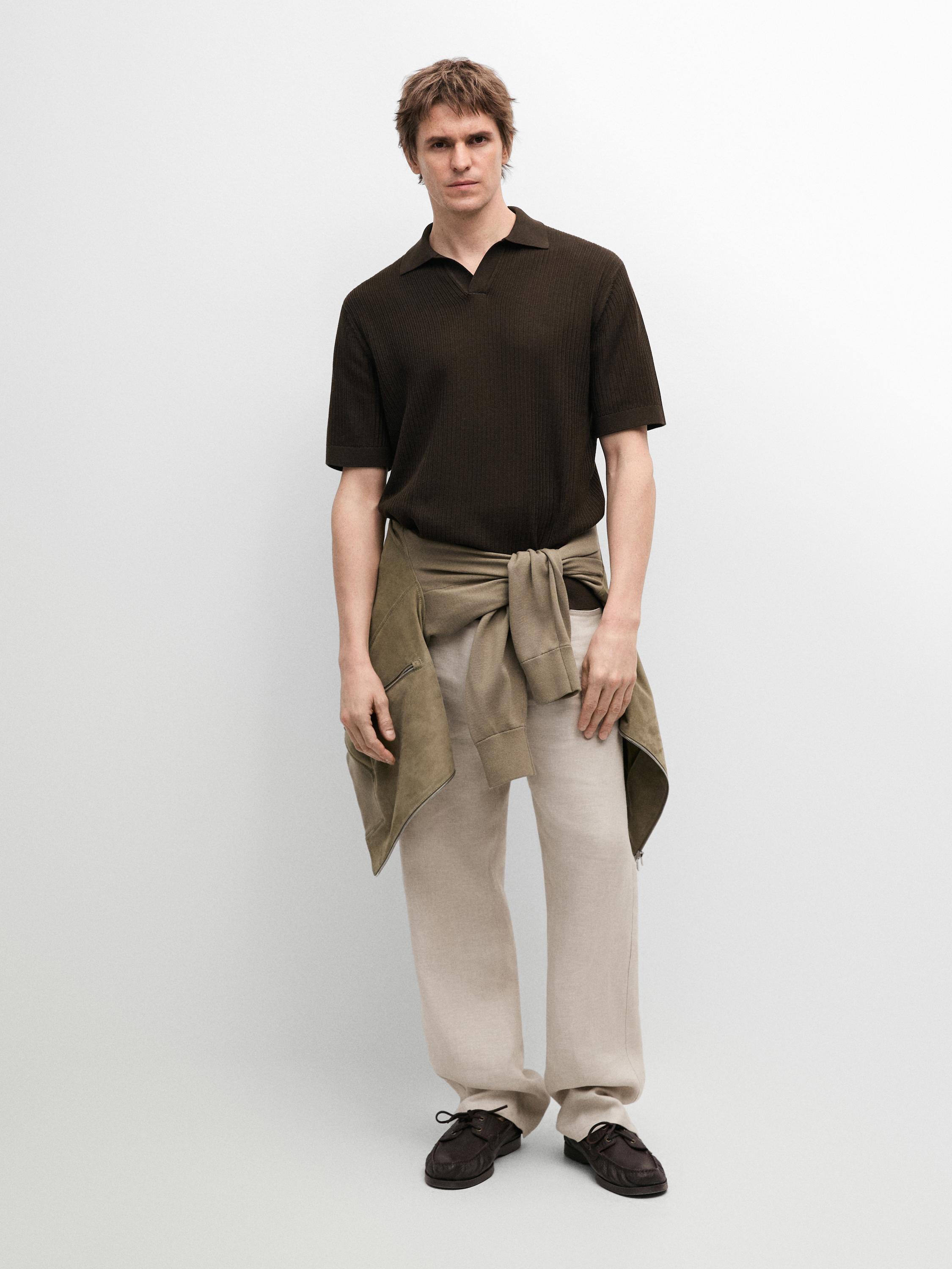 Regular fit cotton knit polo shirt — BROWN MARL