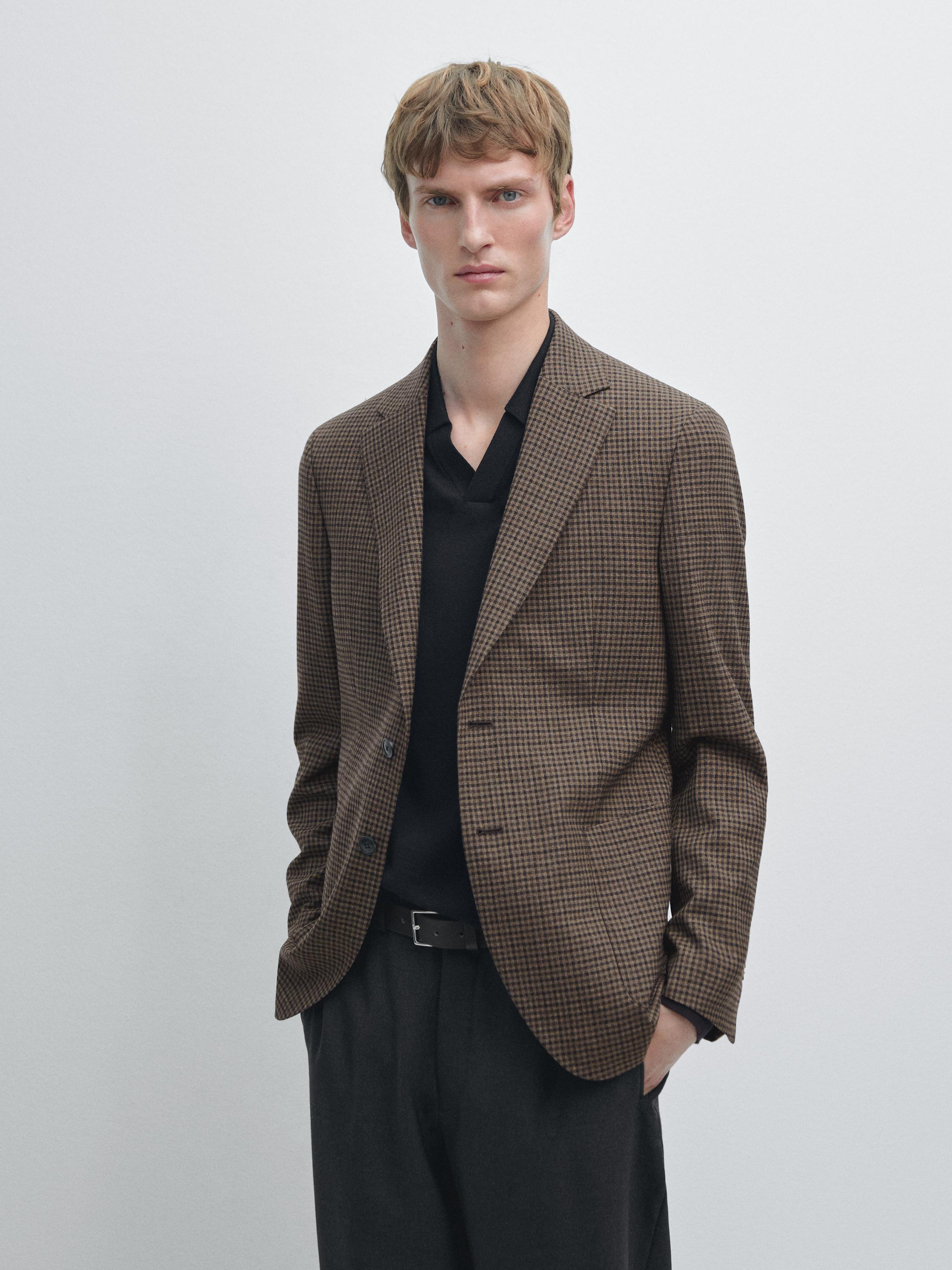 100% wool tailored check blazer — BROWN