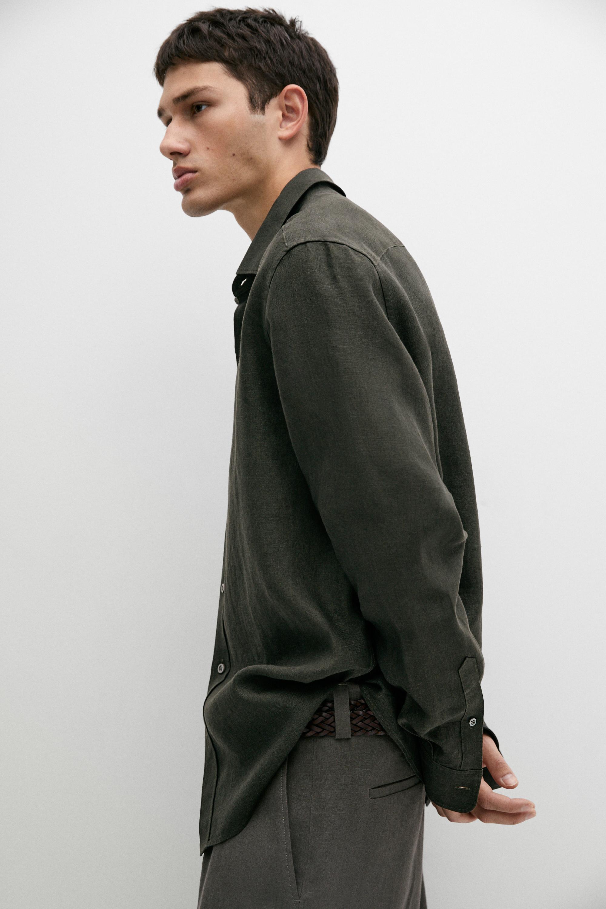 Regular fit 100% linen delavé shirt — GREEN