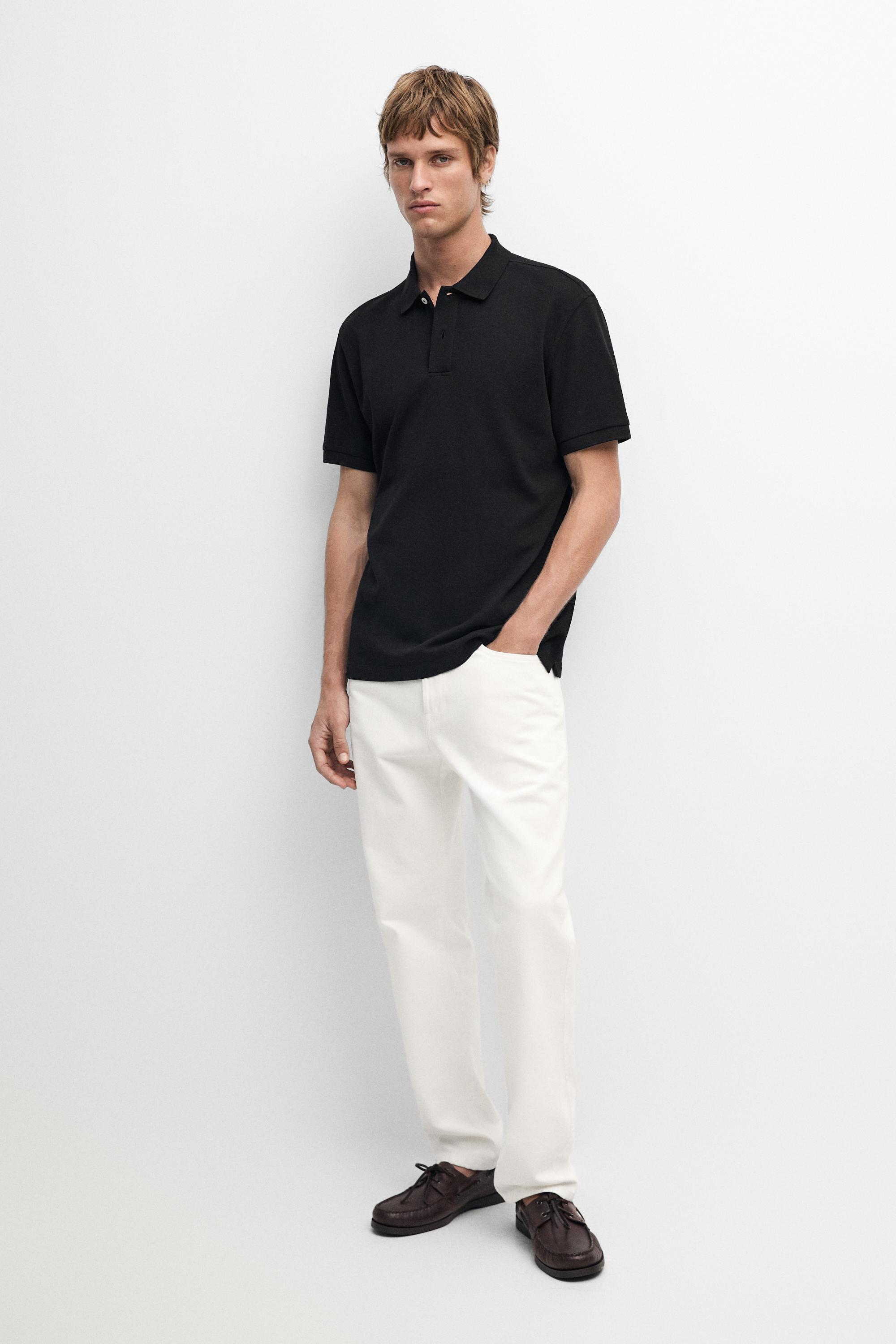 Micro-textured cotton piqué polo shirt — BLACK