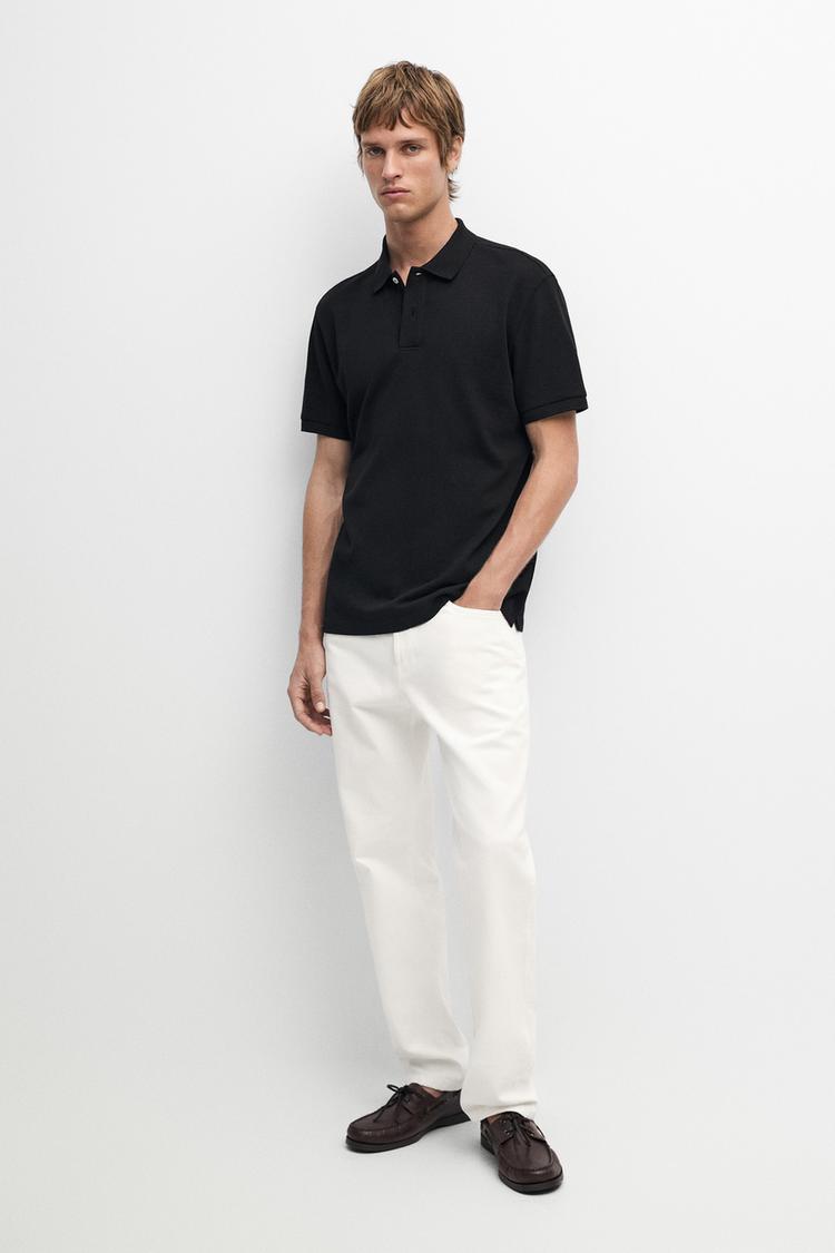 Micro-textured cotton piqué polo shirt — BLACK