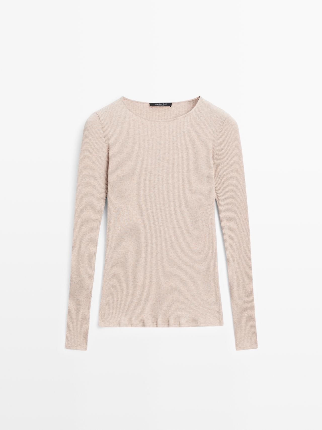 Massimo Dutti - Dame - Langærmet T-Shirt Med Ribdetalje - Beige - L