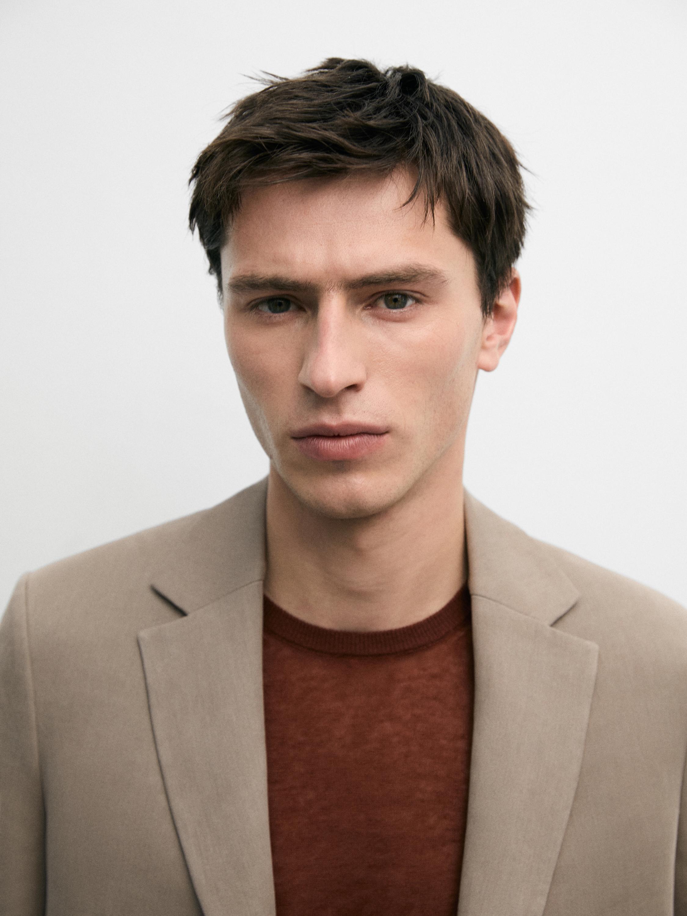 100% linen tailored blazer with pocket details — BEIGE