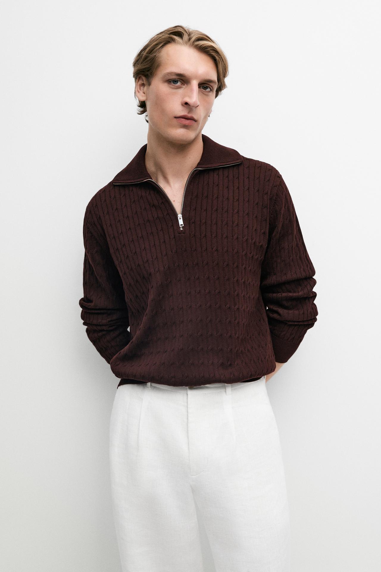 Mock neck knit zip sweater — BURGUNDY
