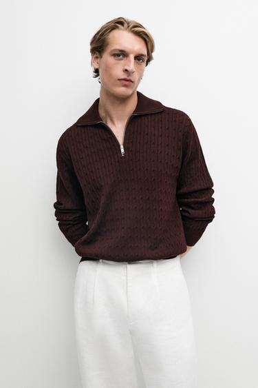 Mock neck knit zip sweater — BURGUNDY 3