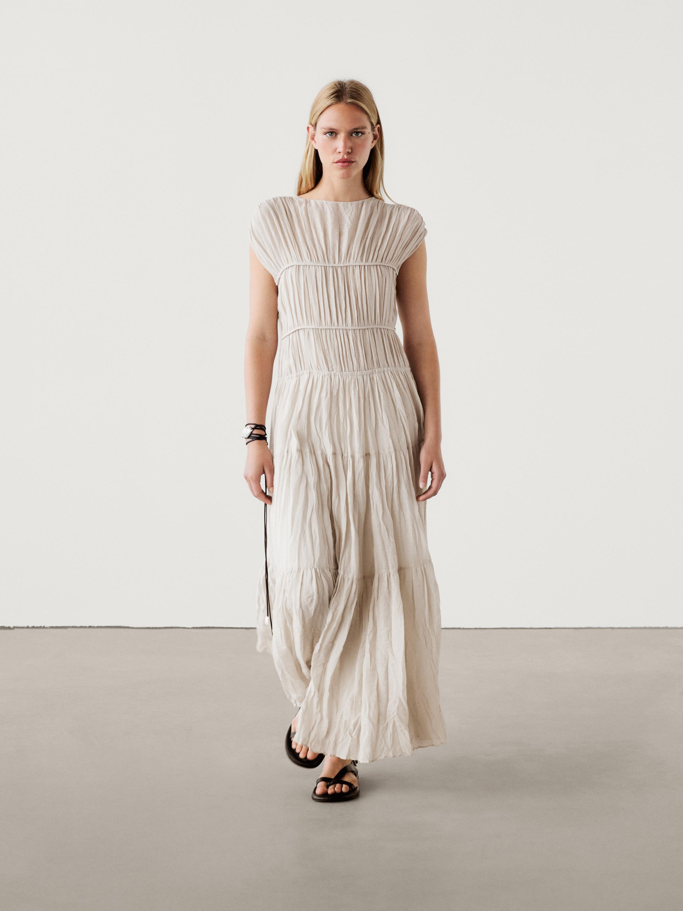 Long pleated dress with ramie and lyocell Beige Smart Dresses And Jumpsuits Massimo Dutti