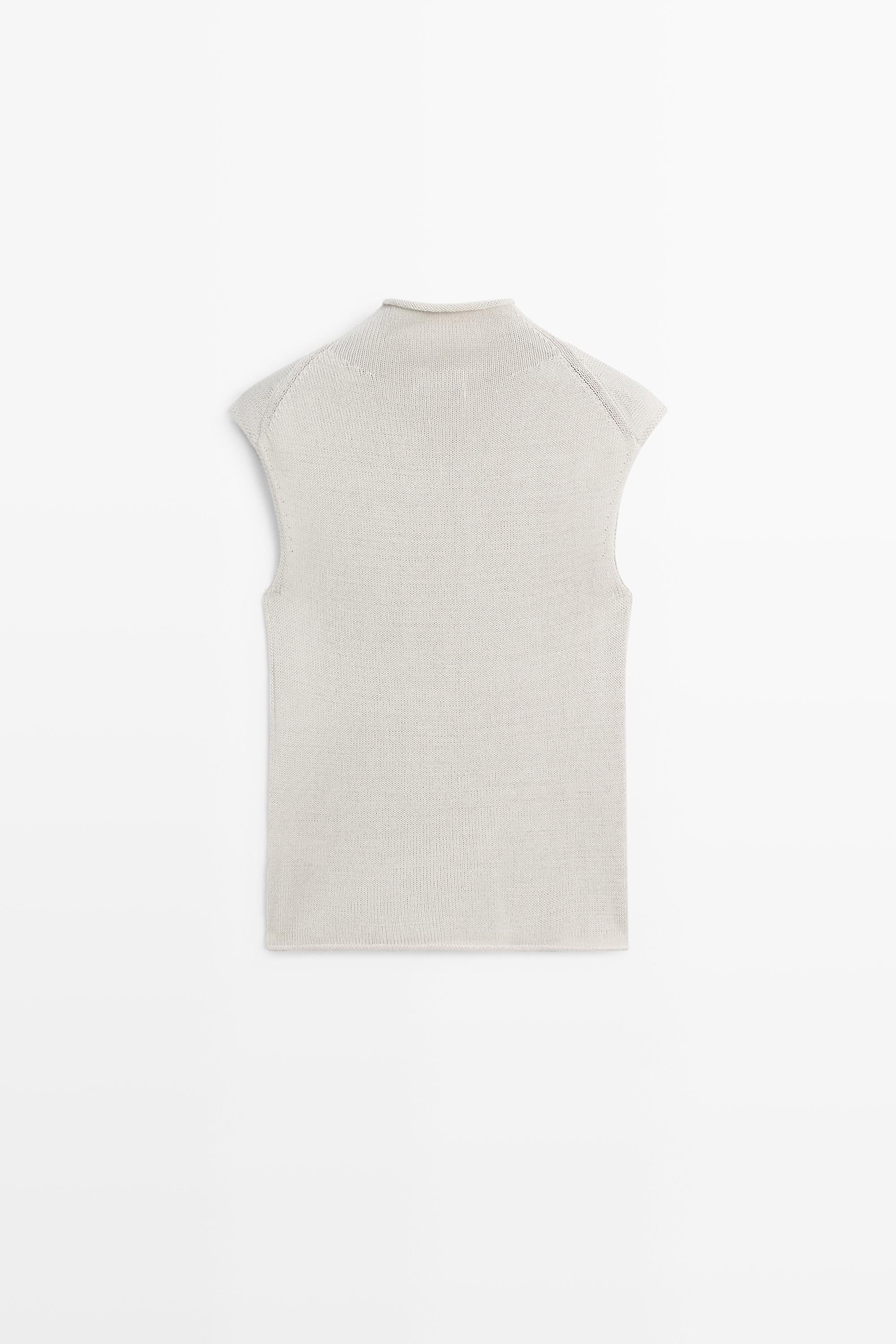Cotton blend high neck knit top — STONE