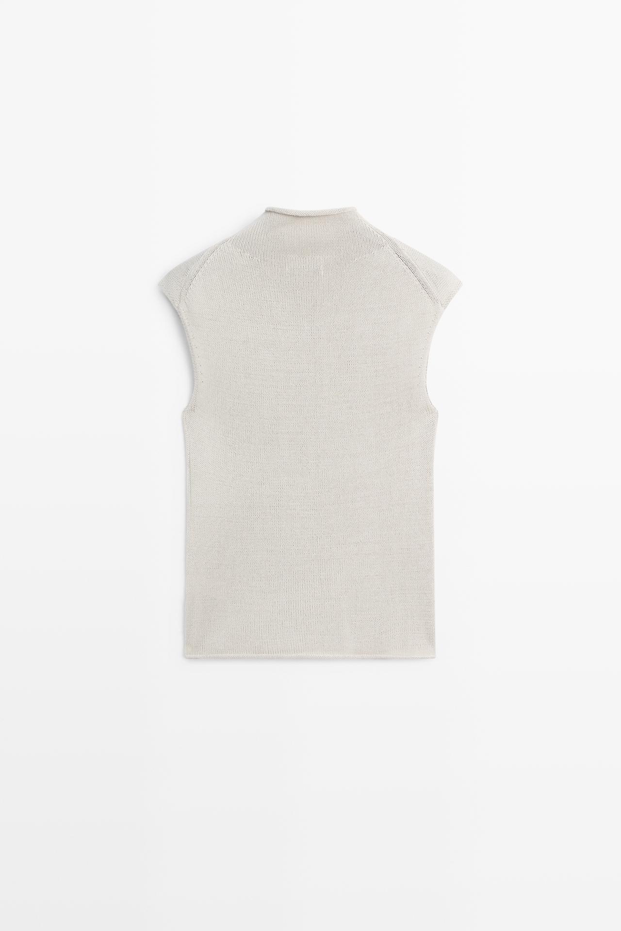 Cotton blend high neck knit top — STONE