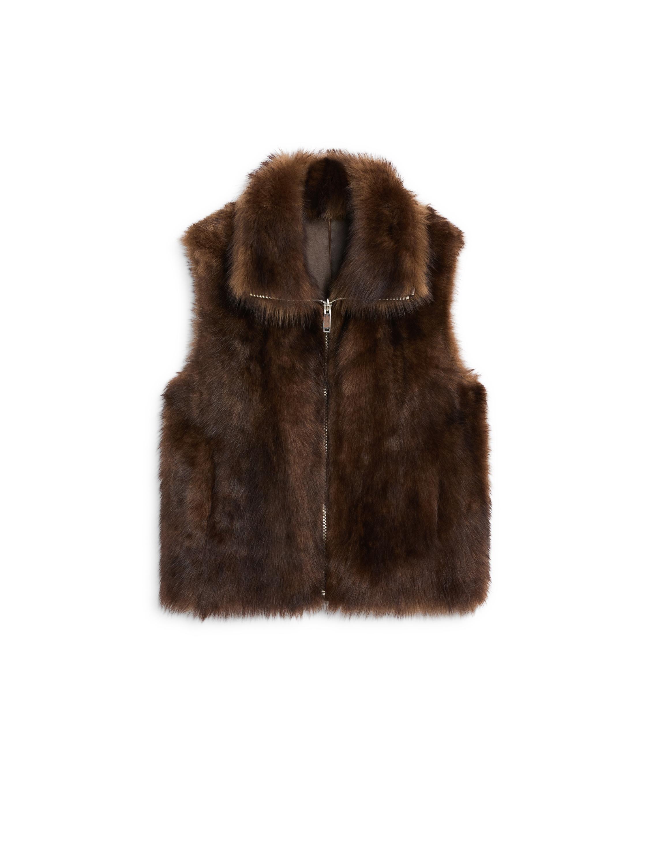 Leather high-neck waistcoat with fur — BROWN