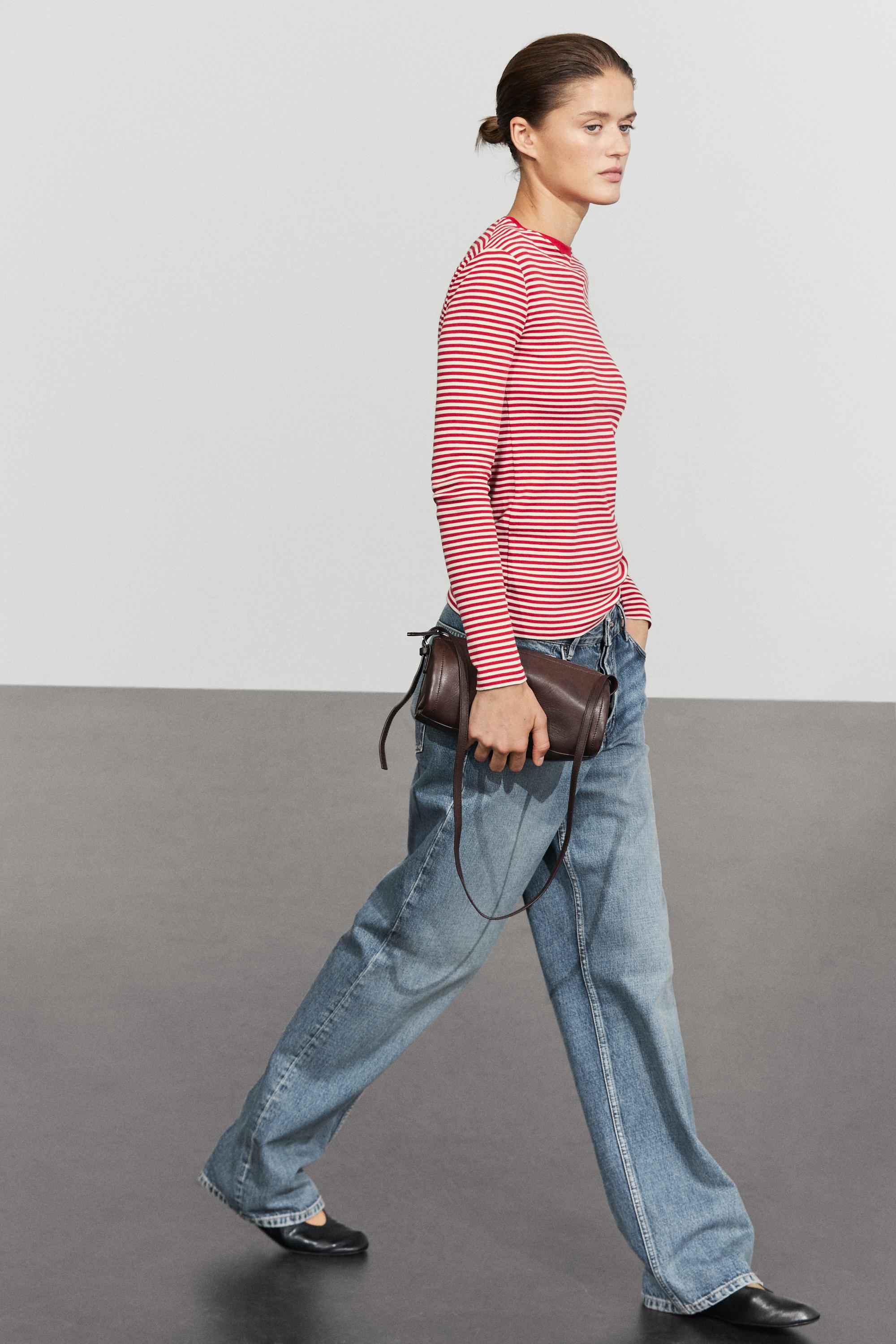 100% cotton long sleeve striped T-shirt — RED