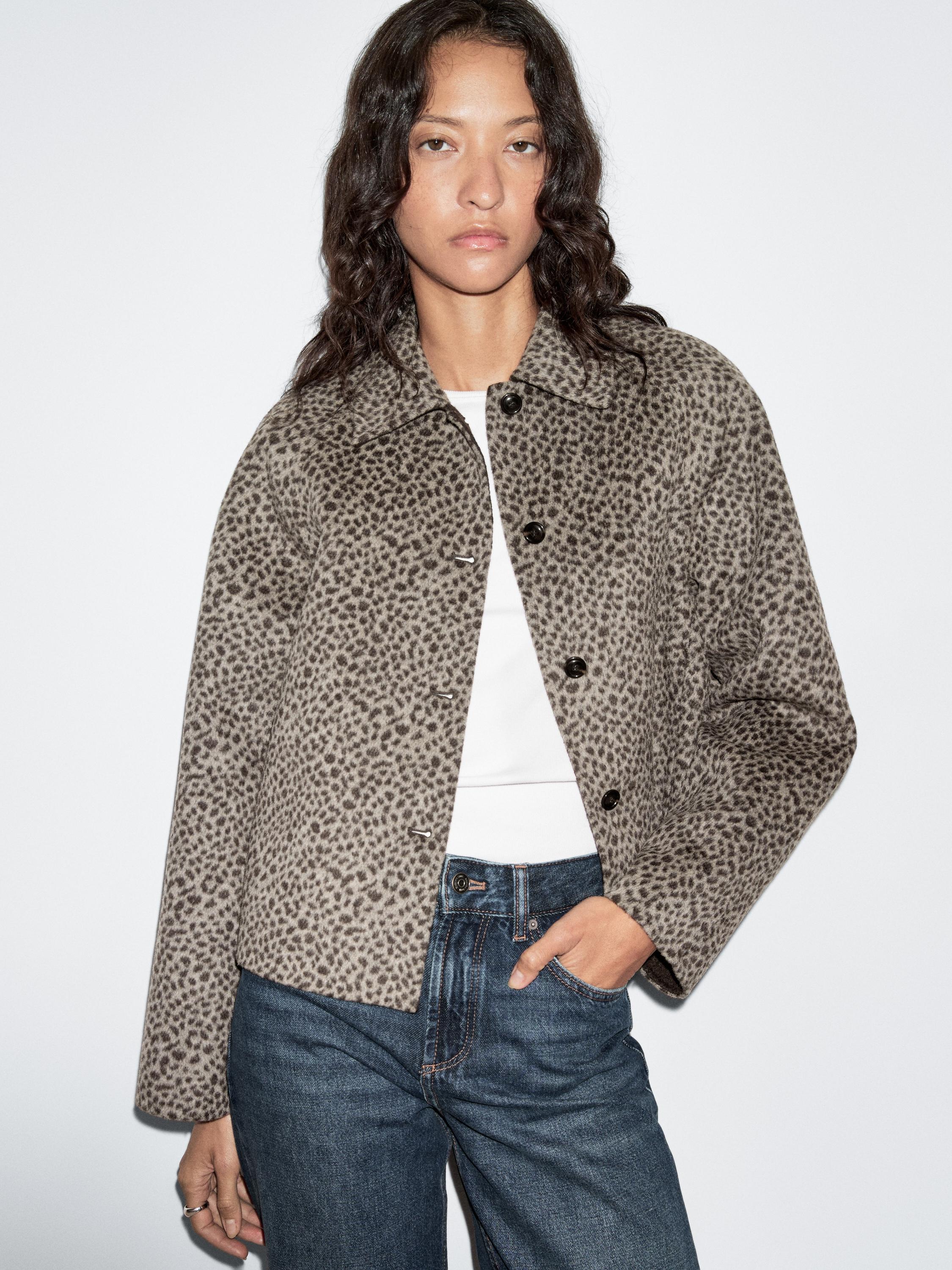 Short wool blend animal print coat