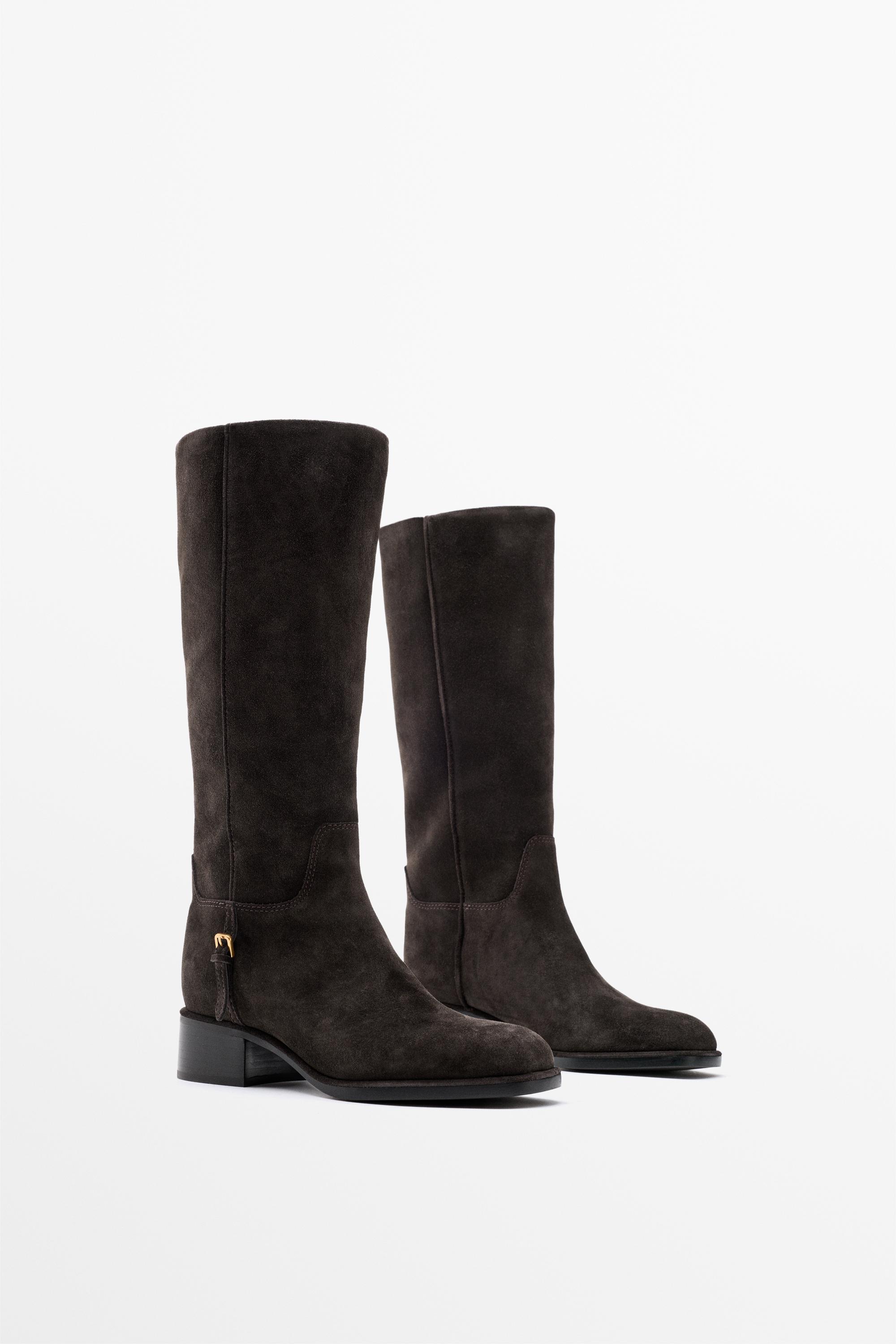 Split suede leather flat boots with side buckle