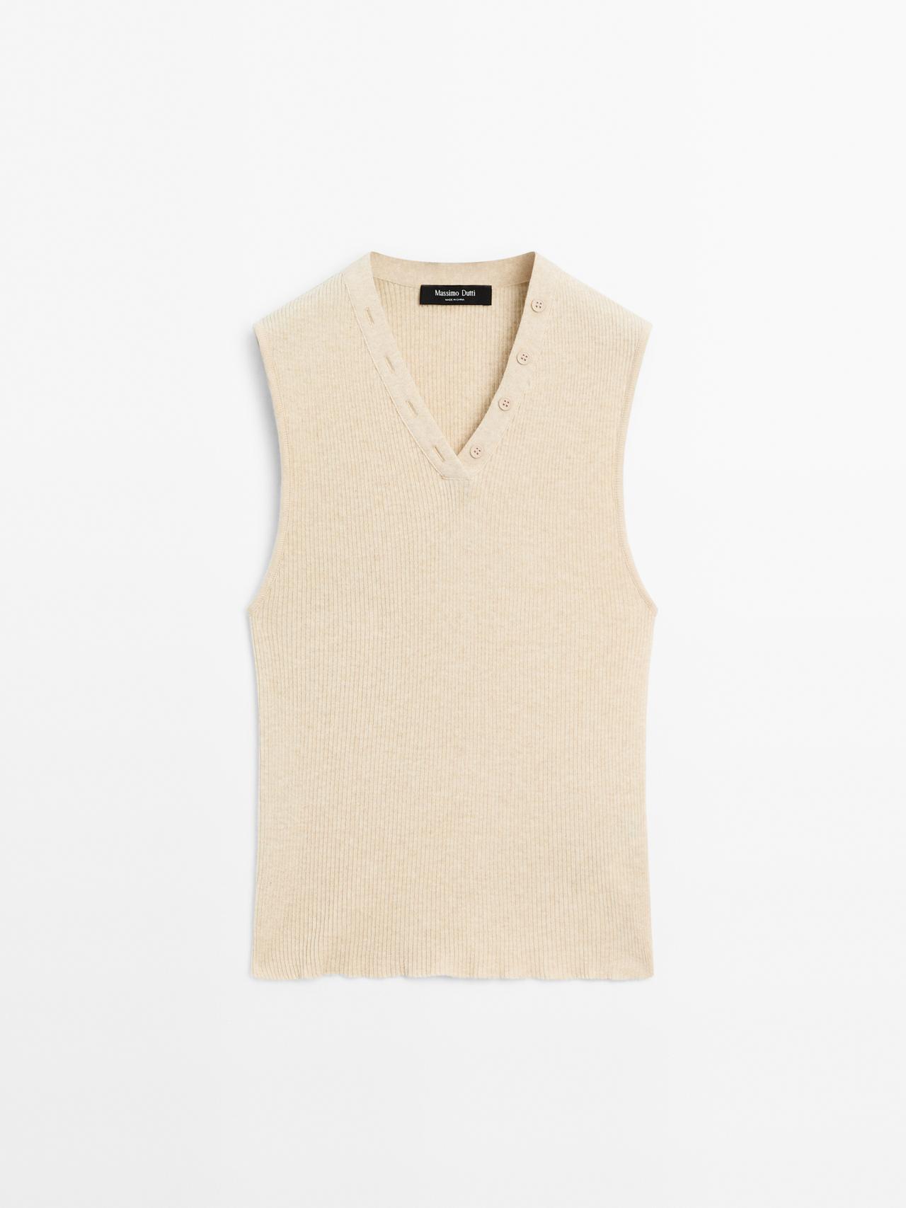 Massimo Dutti - Dame - Top I Rib Med Halsdetalje - Beige - Xl