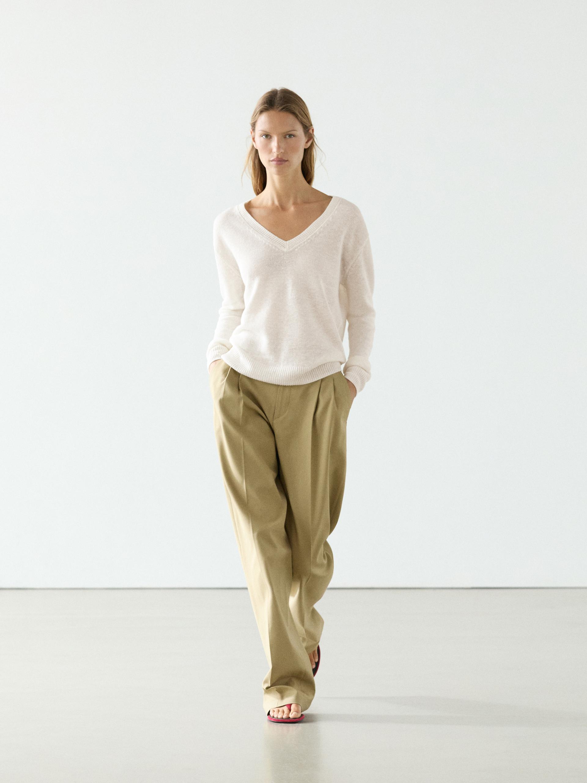 Camisola De Malha Com Decote Em Bico 100% De Linho - Cru - Xl - Massimo Dutti - Mulher