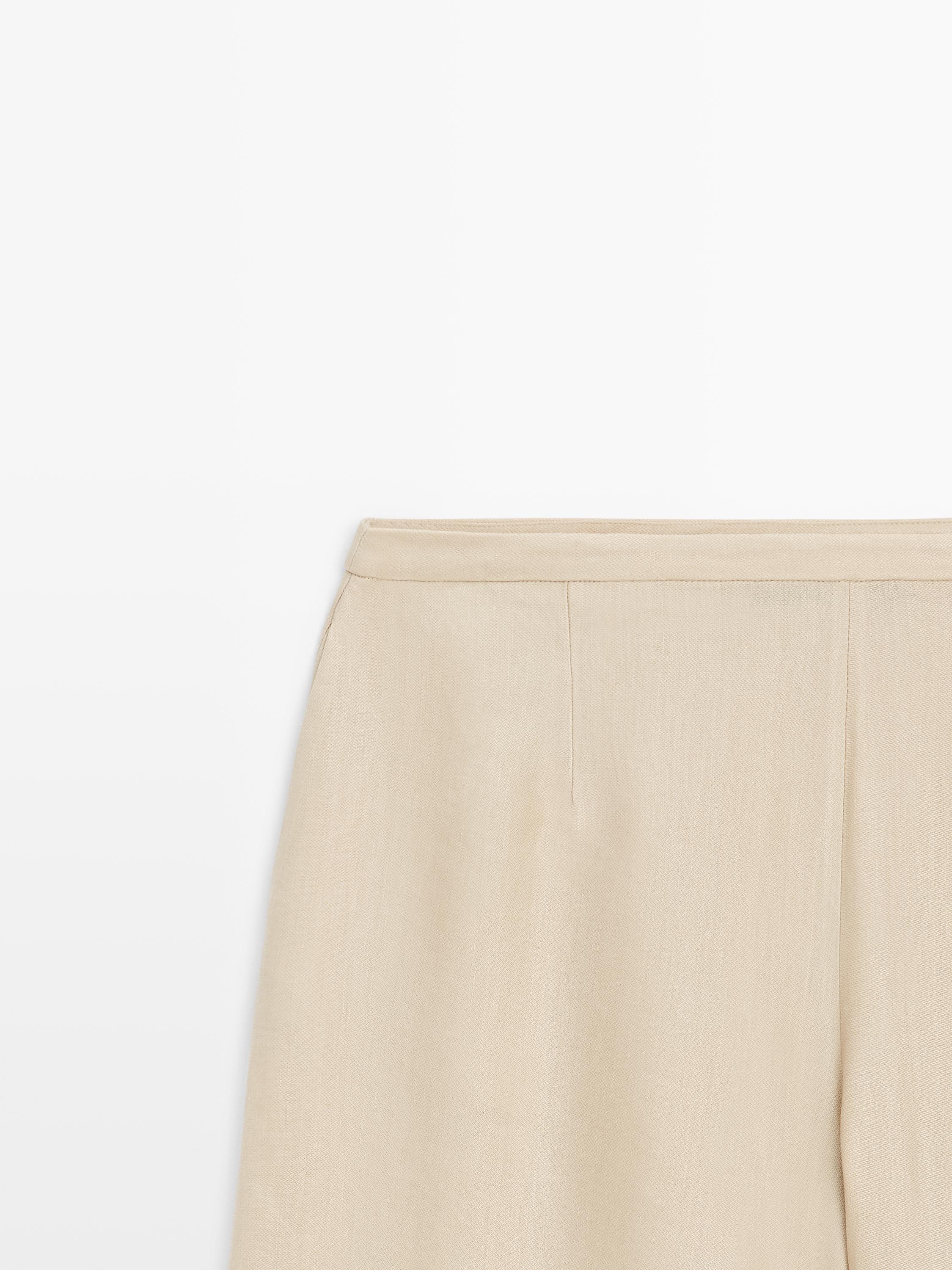 Contrast linen blend straight-leg trousers — BEIGE