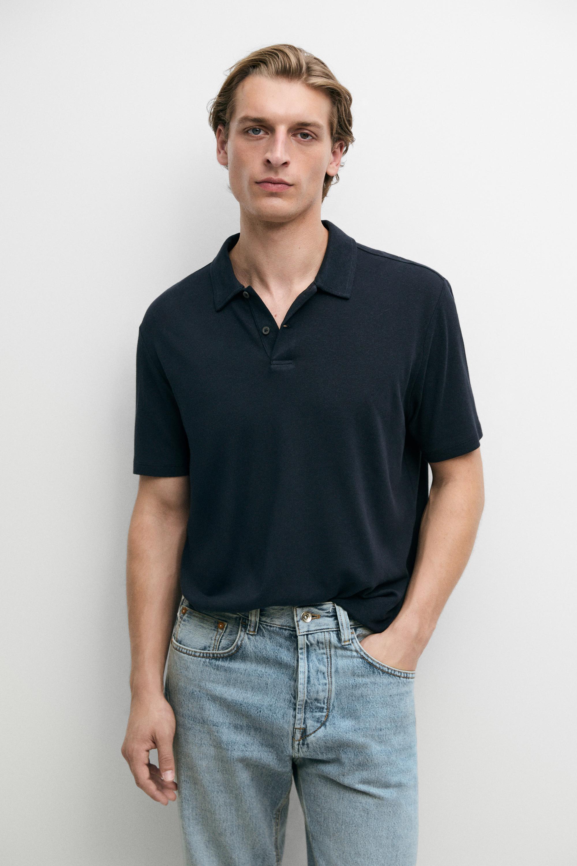 Linen and cotton short sleeve polo shirt — NAVY BLUE