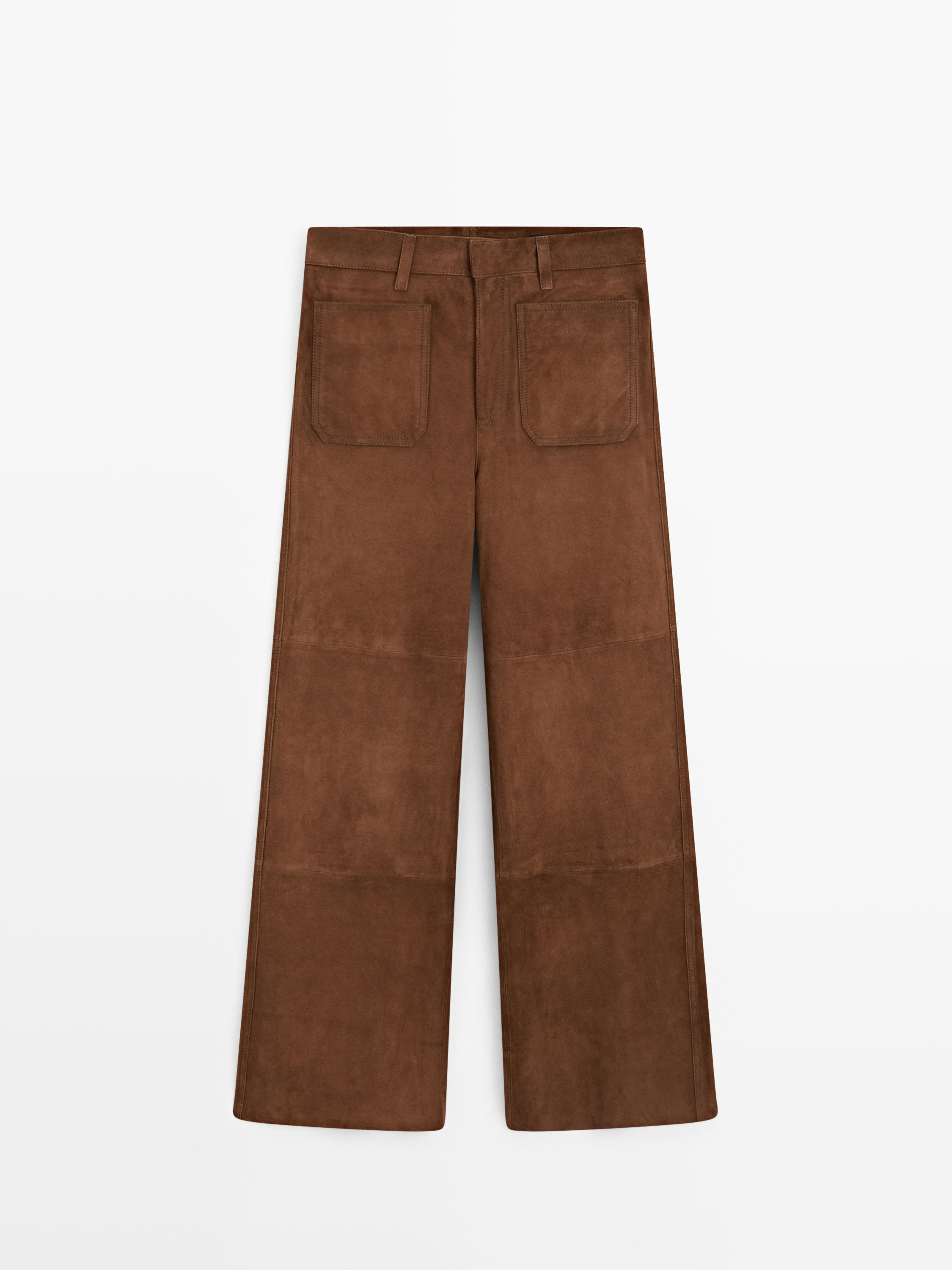 Suede leather wide-leg trousers with pockets — BROWN