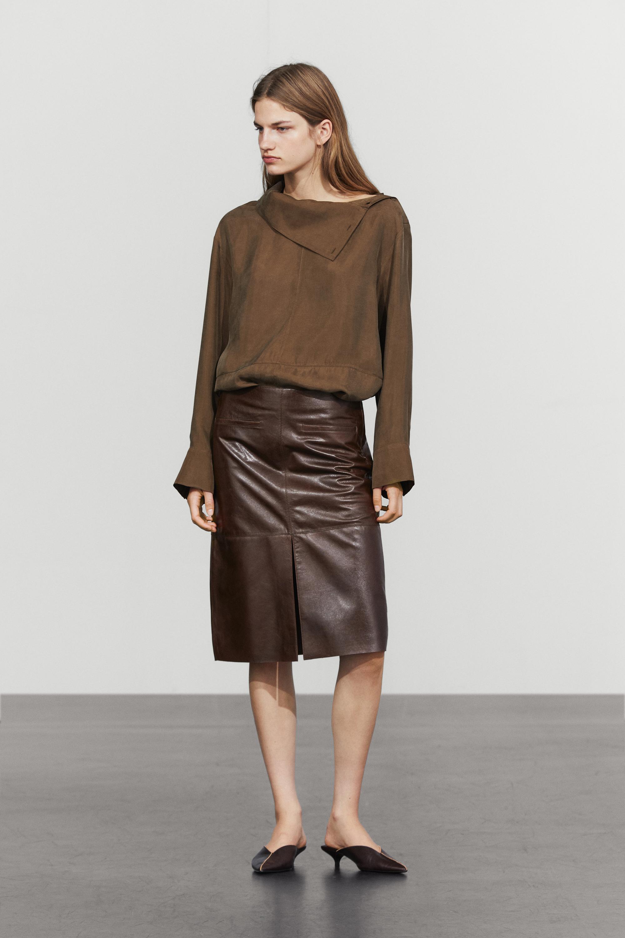 Leather midi skirt with pockets — Chocolate