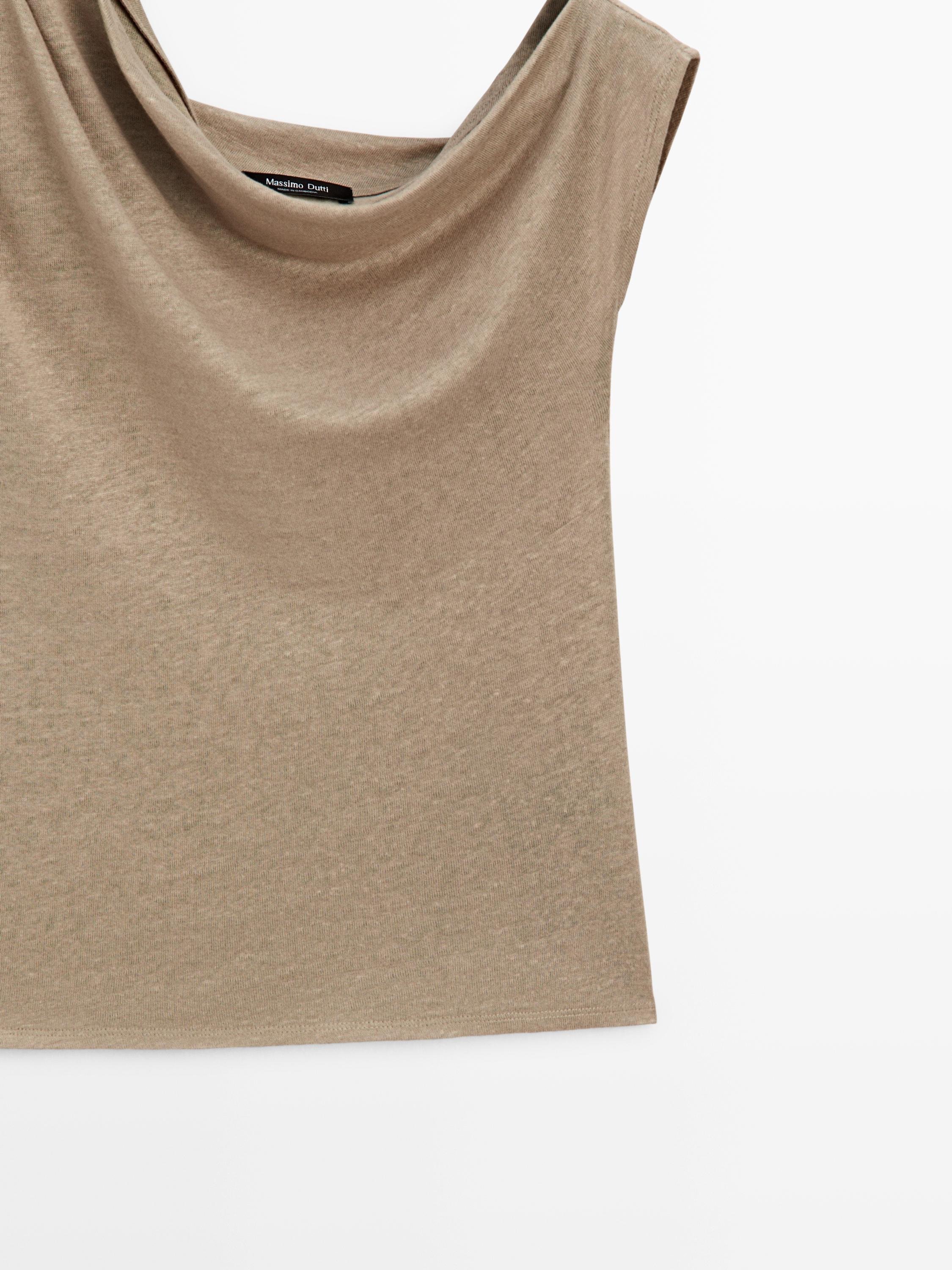 Asymmetric linen blend top with draped detail — Washed