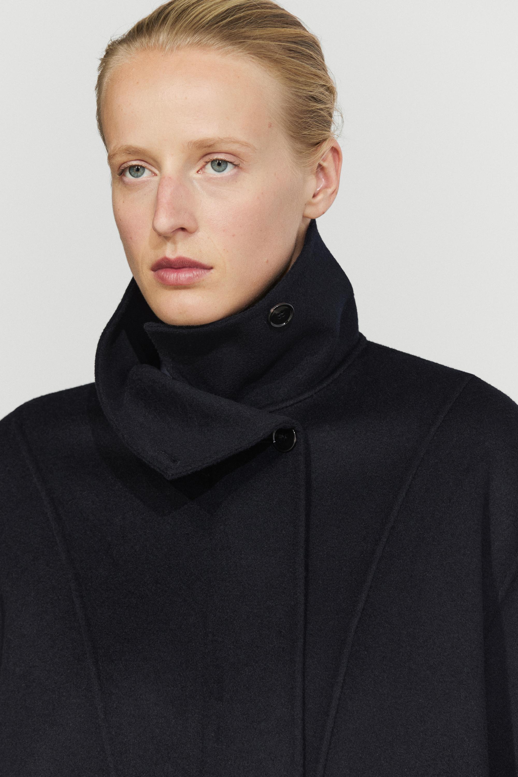 Long wool blend high-collar parka — NAVY BLUE