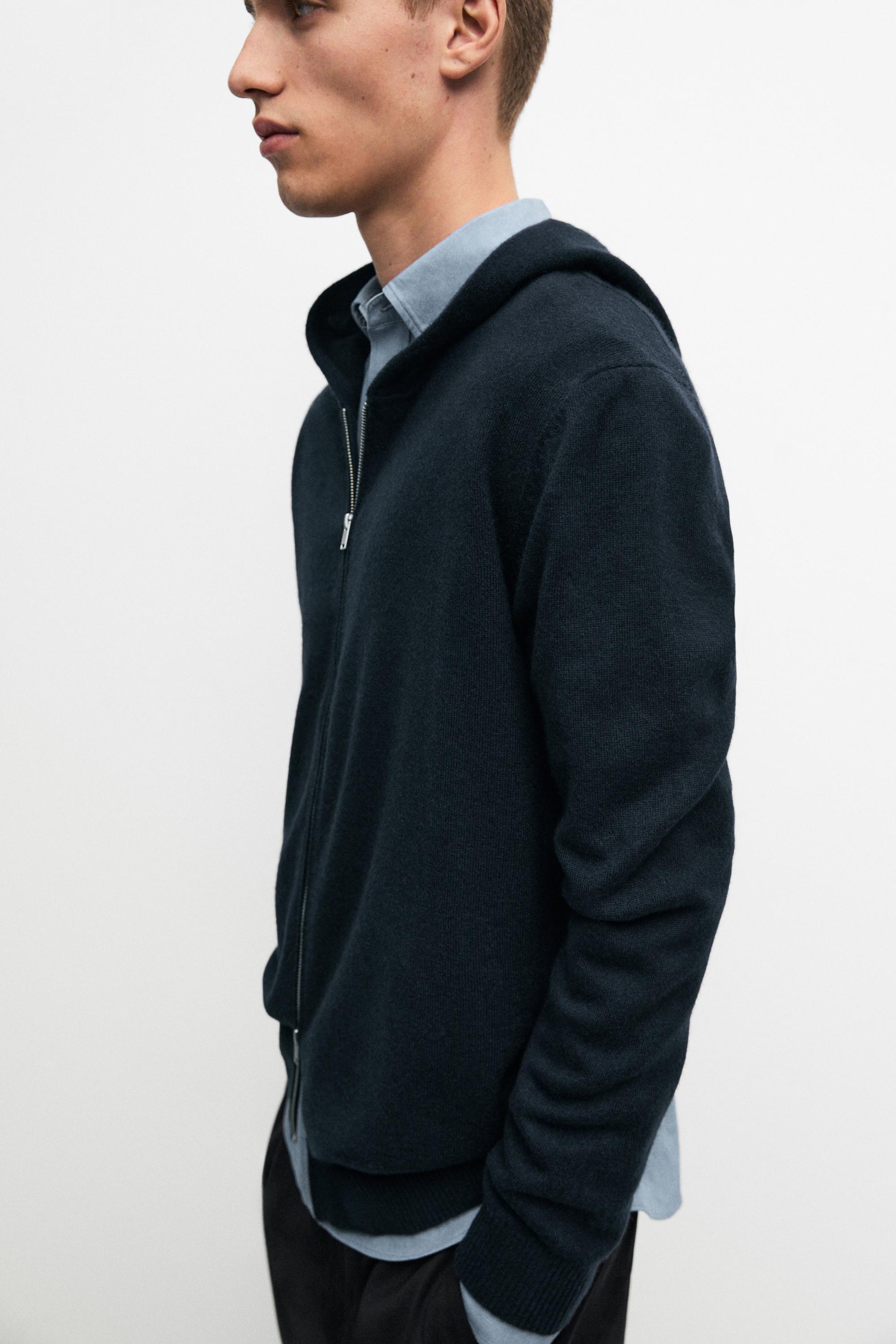 100% cashmere hooded knit cardigan — NAVY BLUE