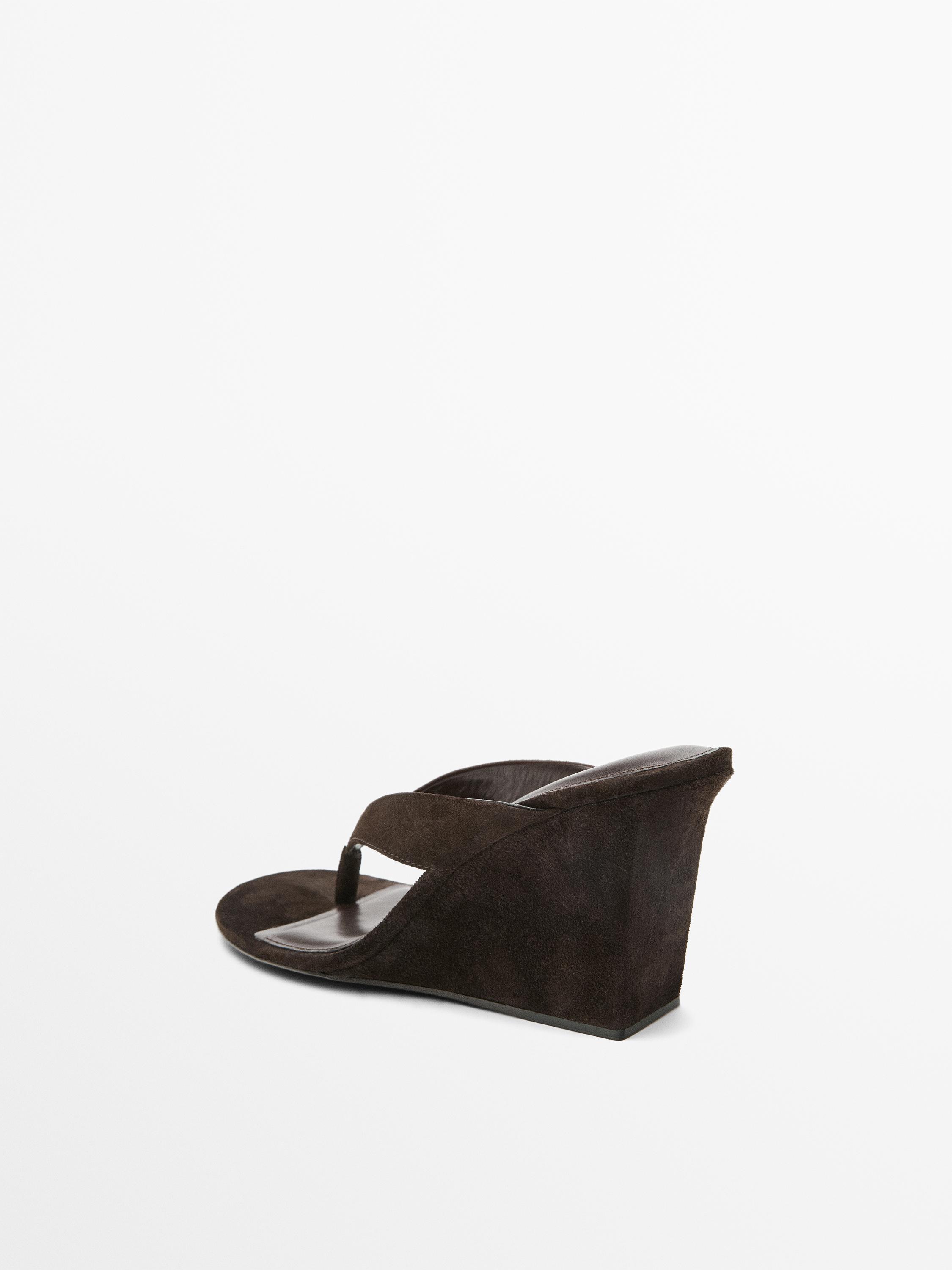 Split leather high-heel wedge sandals — BROWN