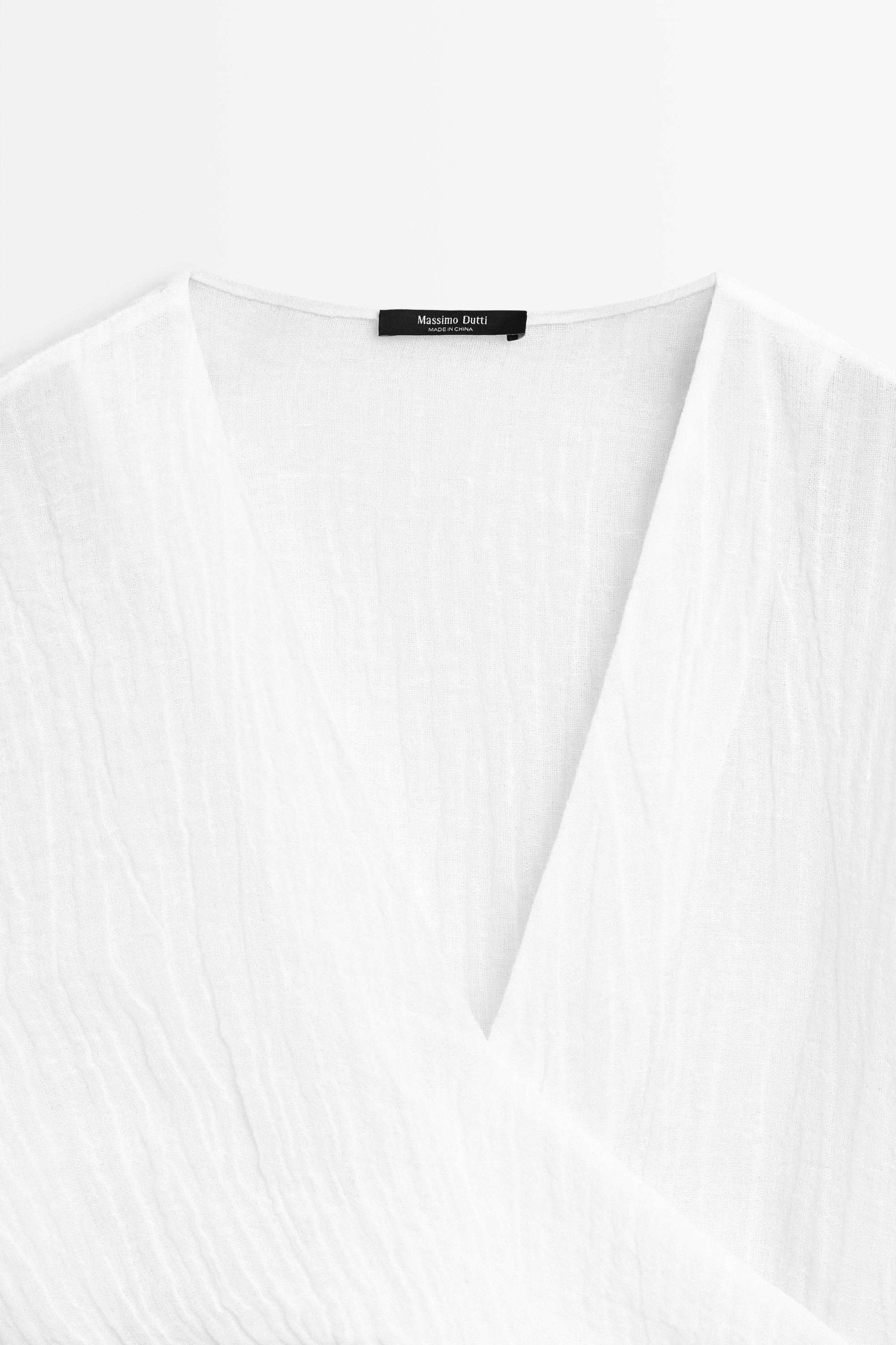 Linen blend blouse with sash belt — WHITE